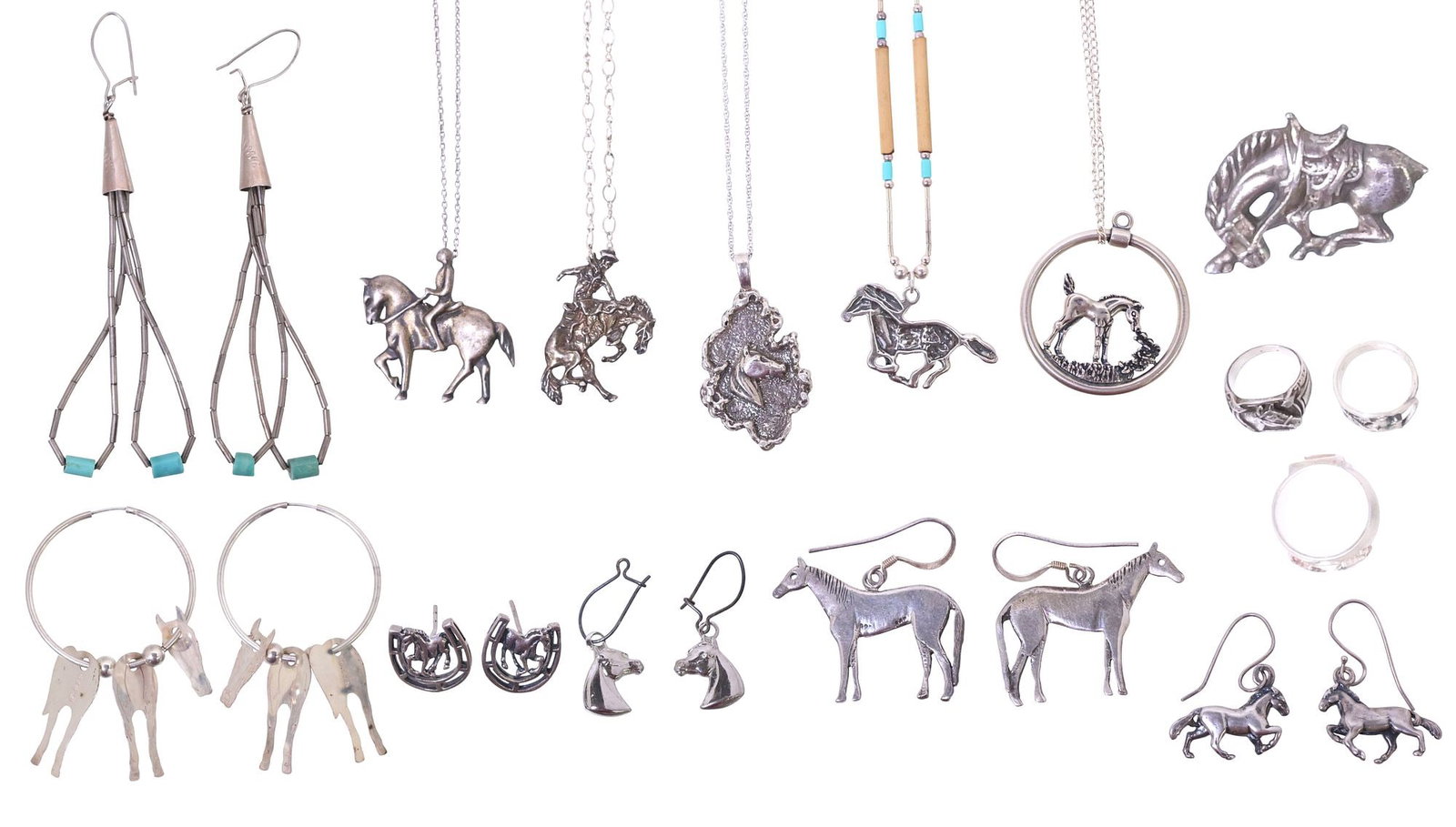 (16) COLLECTION OF NATIVE AMERICAN & WESTERN SILVER HORSE JEWELRY: (lot of 16) Collection of Western sterling silver and other metal jewelry, Native American and Southwest style pieces, including pendant necklaces, earrings, bracelet, bolo ornament, and rings, most w
