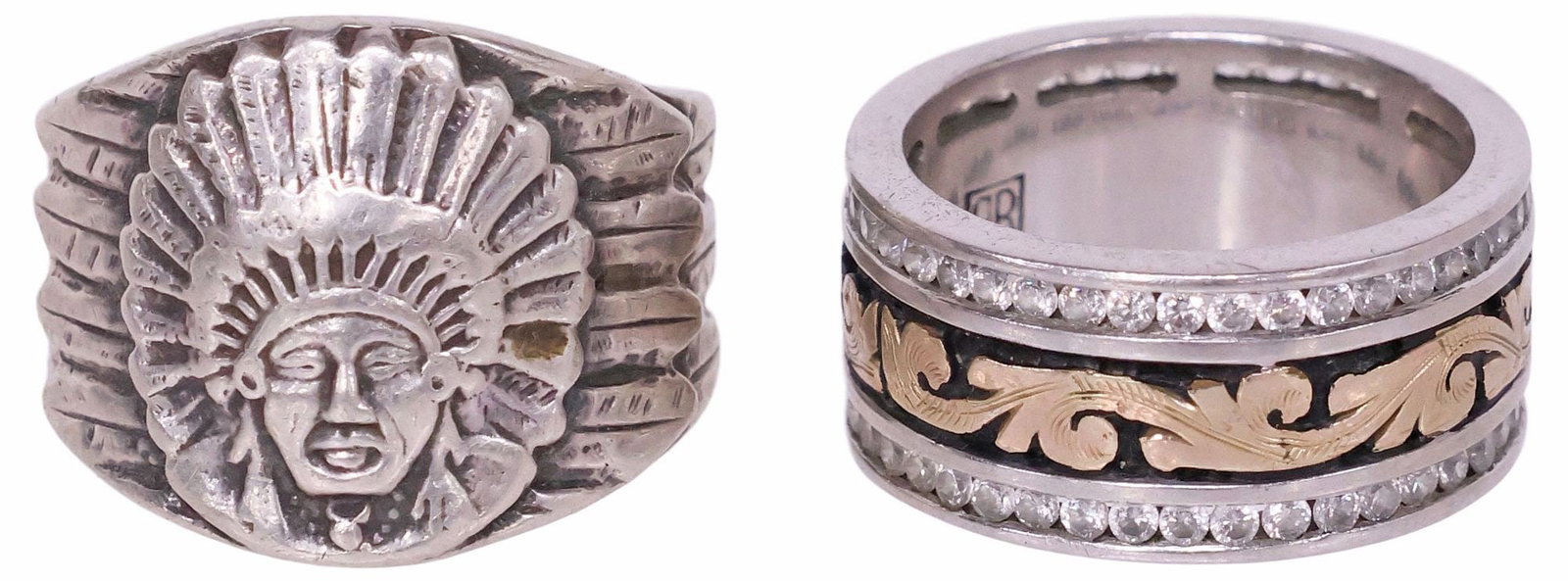 (2) GENT'S STERLING SILVER RINGS, BOHLIN 'CHIEF RED WOLF' & BOB BERG: (lot of 2) Estate sterling silver gentleman's rings, each hallmarked 925, varied makers and designs, including: (1) Bob Berg, central register of 10kt rose gold overlay scrollwork, framed by pave-set 