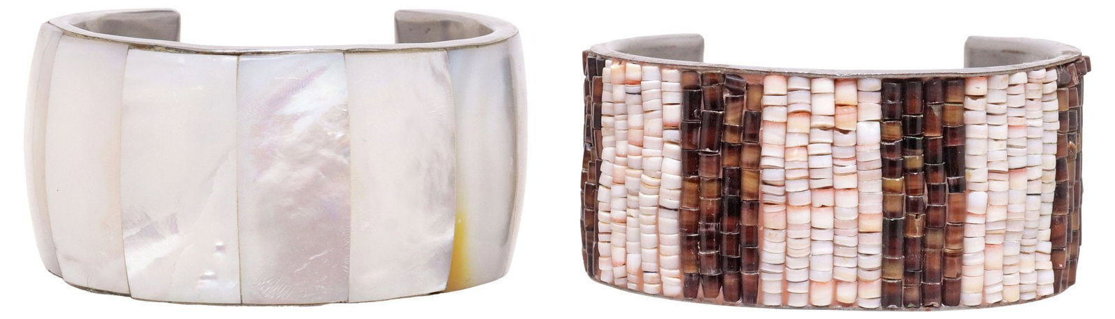 (2) SOUTHWEST STYLE SHELL INLAID CUFF BRACELETS, MOTHER-OF-PEARL & HEISHI BEAD (1 of 4)