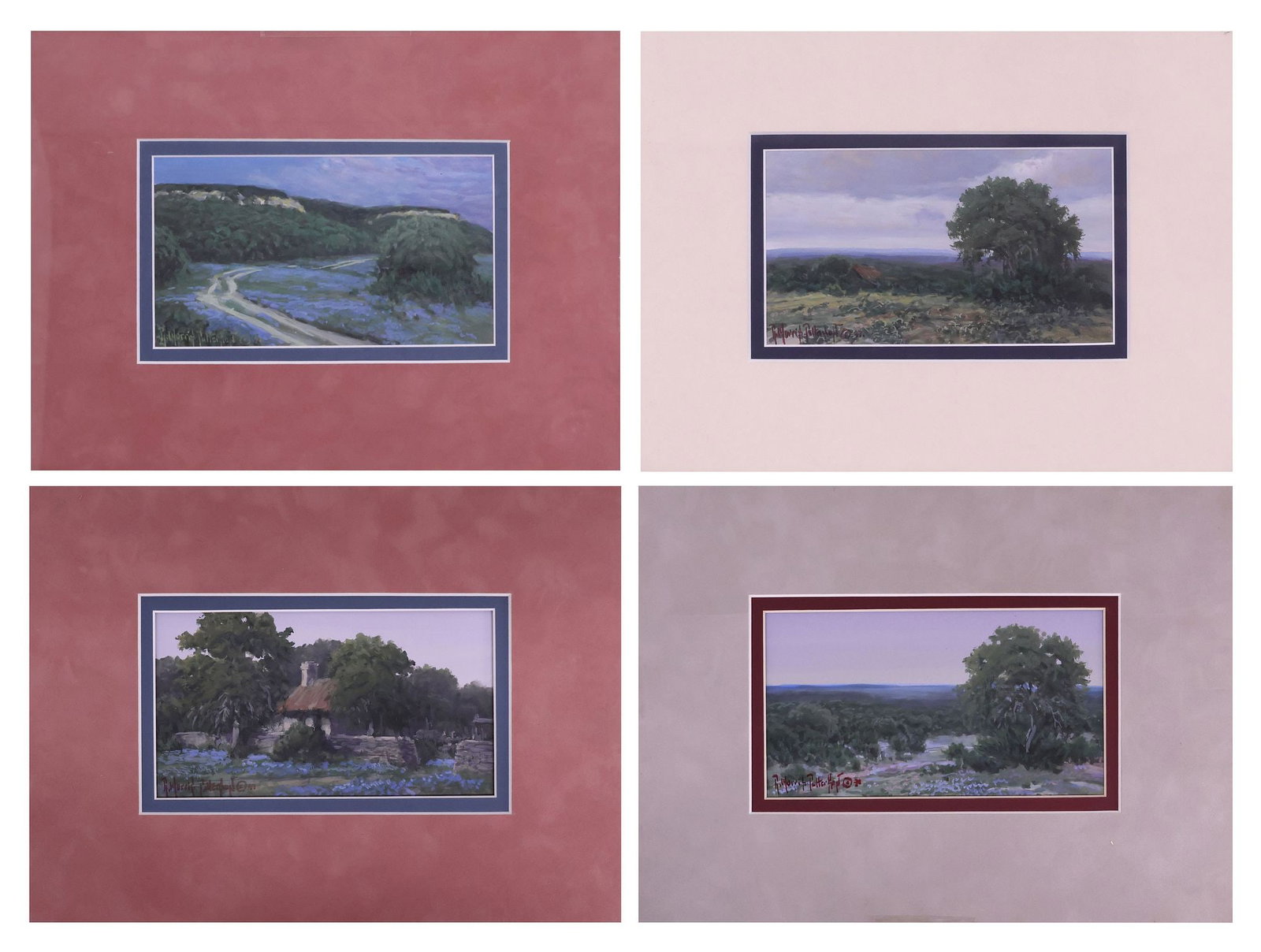 (4) RICK MORRIS PATTERSON (TX. B.1958) HILL COUNTRY LANDSCAPE PAINTINGS: (lot of 4) Unframed watercolor and gouache landscape paintings, Texas Hill Country, each signed by Richard 'Rick' Morris Patterson (Oregon, Texas, b. 1958), each mounted on art board, matted, two laid