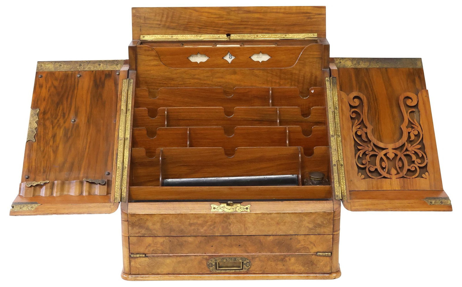 EXCEPTIONAL LARGE BURLED WALNUT STATIONARY CABINET / CORRESPONDENCE BOX (1 of 8)