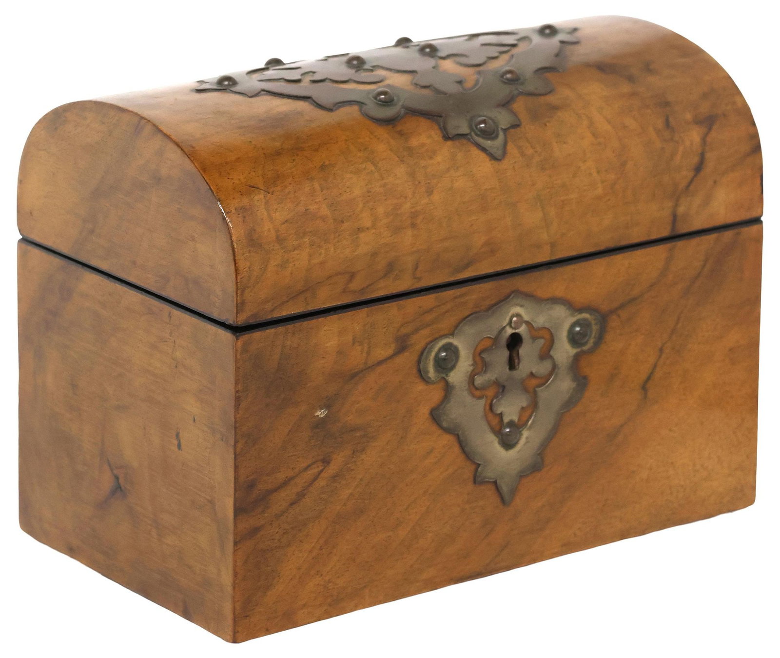 ENGLISH VICTORIAN METAL-MOUNTED FIGURED WALNUT TEA CADDY (1 of 6)