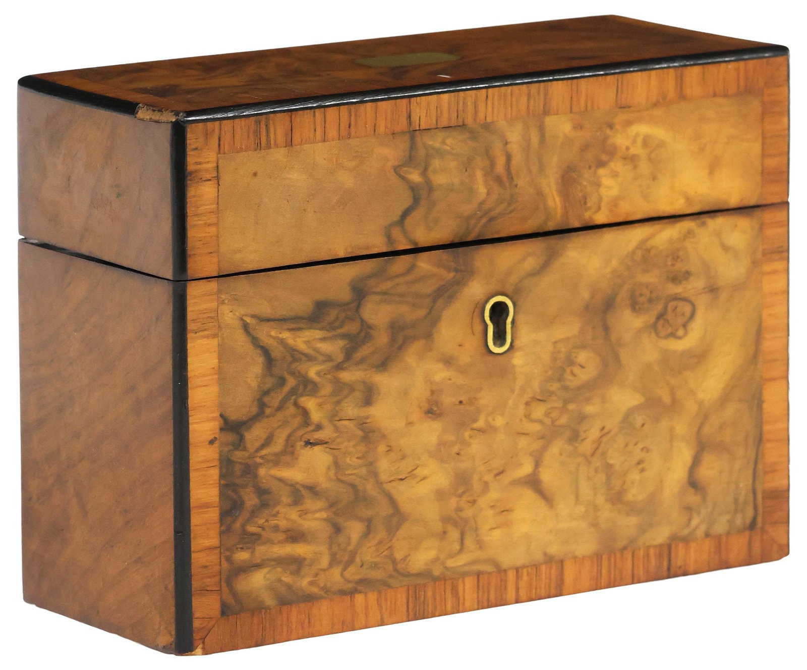 ENGLISH VICTORIAN BANDED BURLED WALNUT PERFUME CASKET: English Victorian burled walnut scent casket or perfume bottle box, late 19th c., a vacant cartouche, centering the banded top and case, fitted to the interior with three colorless glass perfume bottl