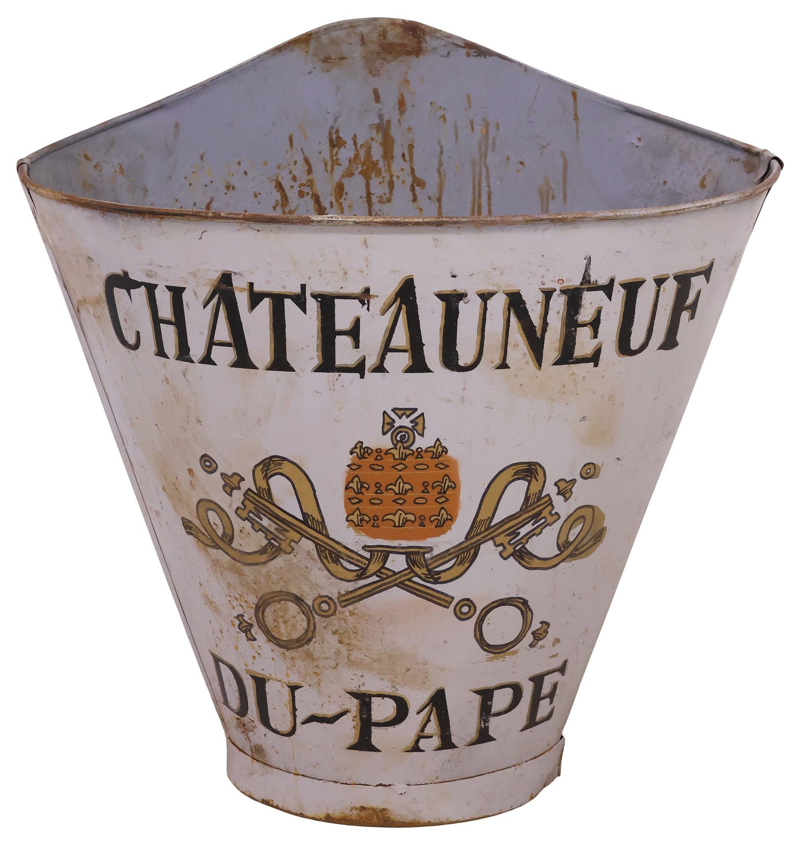 FRENCH VINEYARD PAINTED METAL GRAPE PICKER'S HOTTE / HOD: French paint-decorated galvanized metal grape picker's hotte/ hod, 20th c., stenciled Chateauneuf Du Pape logo with Saint Peter's keys and papal tiara, retaining remnants of worn leather straps, appro