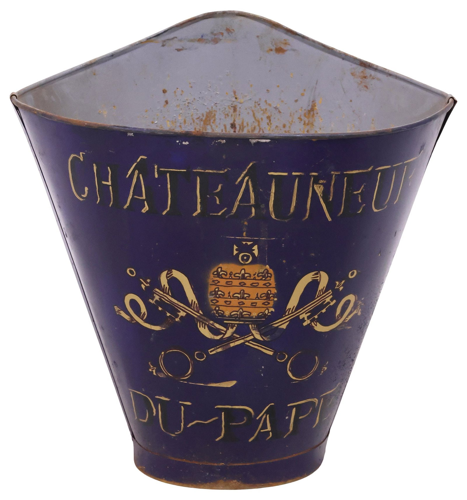 FRENCH VINEYARD PAINTED METAL GRAPE PICKER'S HOTTE / HOD: French paint-decorated galvanized metal grape picker's hotte/ hod, 20th c., stenciled Chateauneuf Du Pape logo with Saint Peter's keys and papal tiara, retaining remnants of worn leather straps, appro
