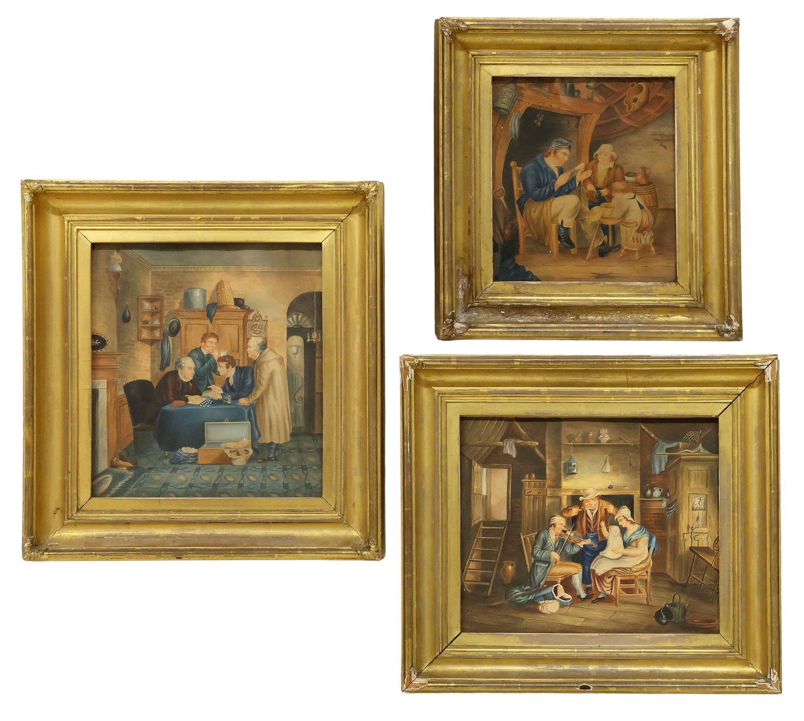 (3) FRAMED ENGLISH SCHOOL WATERCOLOR PAINTINGS, INTERIOR GENRE SCENES: (lot of 3) Framed English School watercolor paintings on paper, various interior genre scenes, all apparently unsigned, including: (1) The Violinist Playing for Child, sight: approx 10.25"h, 12.25"w, 