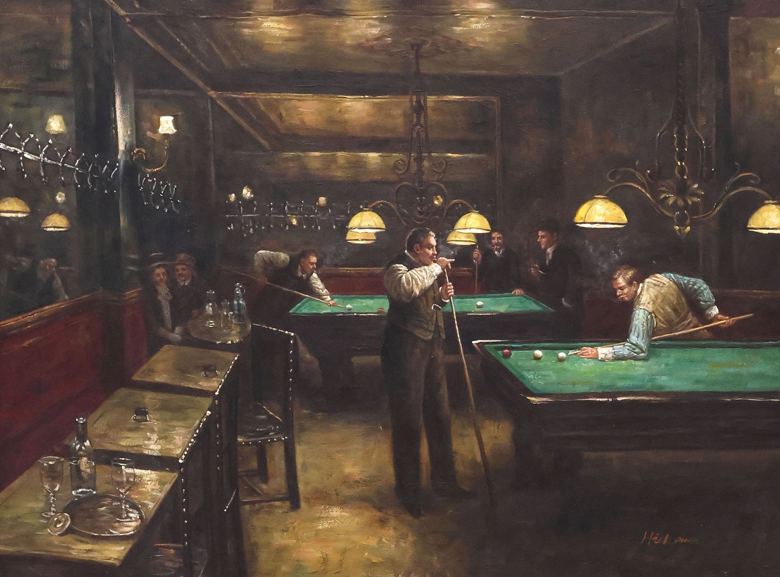 SIGNED HICKMAN (20TH C.) PAINTING, GENTLEMAN'S BILLIARDS CLUB, 36" X 48": Framed oil on canvas painting, The Billiards Room, signed lower right Hickman (American, 20th c.), sight: approx 35.5"h, 47.5"w, overall: approx 48"h, 60"w, 22lbs