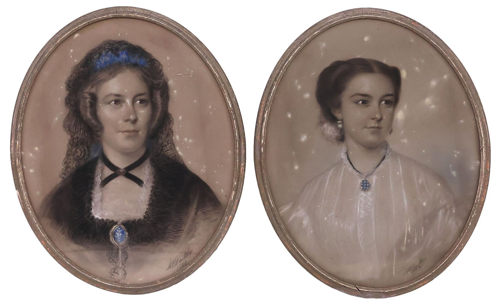 (2) ALEXANDER BLAIKLEY (ENGLISH, D.1903) PASTEL DRAWINGS, ADDIE SISTER PORTRAITS: (lot of 2) Framed oil pastel and charcoal drawings on paper, both signed lower right A. Blaikley (Alexander Blaikley, English, 1816-1903), dated 1864, sitters identified verso, including: (1) Portrait