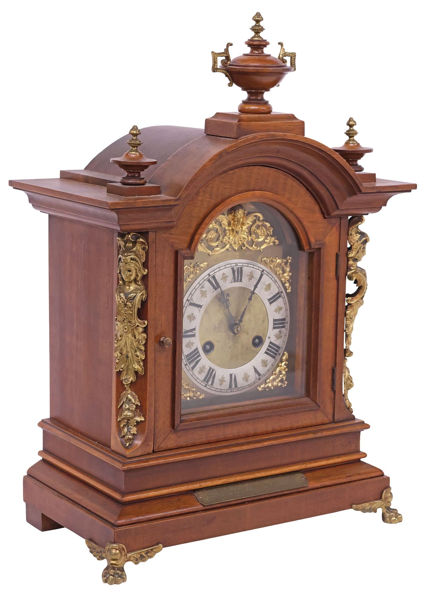 ENGLISH EDWARDIAN BRASS-MOUNTED WALNUT MANTEL CLOCK (1 of 11)