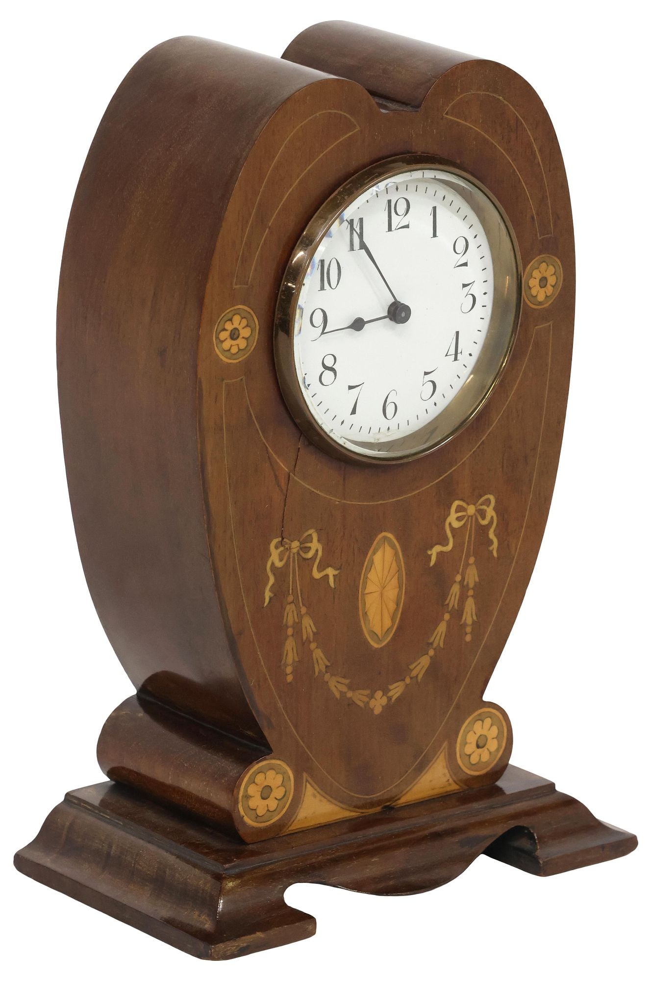 ENGLISH EDWARDIAN INLAID MAHOGANY HEART-SHAPED MANTEL CLOCK (1 of 6)