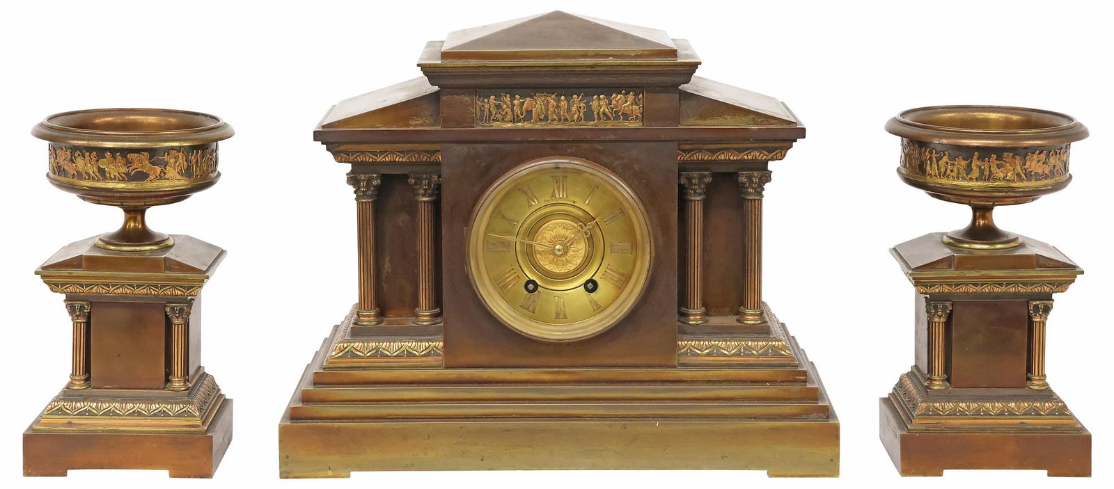 (3) NEOCLASSICAL STYLE GILT-METAL MANTEL CLOCK & TAZZA GARNITURE SET (1 of 8)