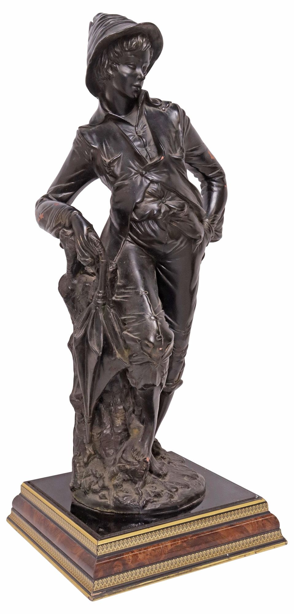 PAINTED TERRACOTTA SCULPTURE, GALLANT YOUNG GENTLEMAN, 24.5"H: Cast terracotta figural sculpture, Gallant Young Gentleman, depicting a young man in waistcoat and breeches, holding closed umbrella at side, in a black-painted finish, on integral stepped wood base, 