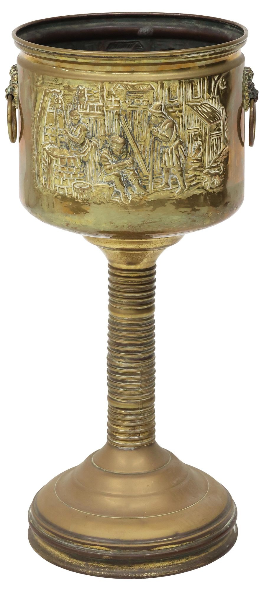 ENGLISH EDWARDIAN REPOUSSE BRASS JARDINIERE / PLANTER ON STAND (1 of 5)