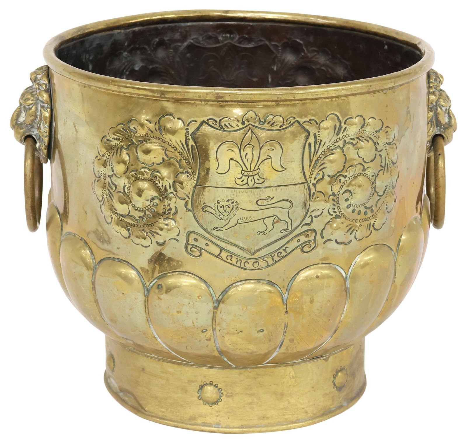 ENGLISH BRASS REPOUSSE COAT OF ARMS JARDINIERE / PLANTER (1 of 4)