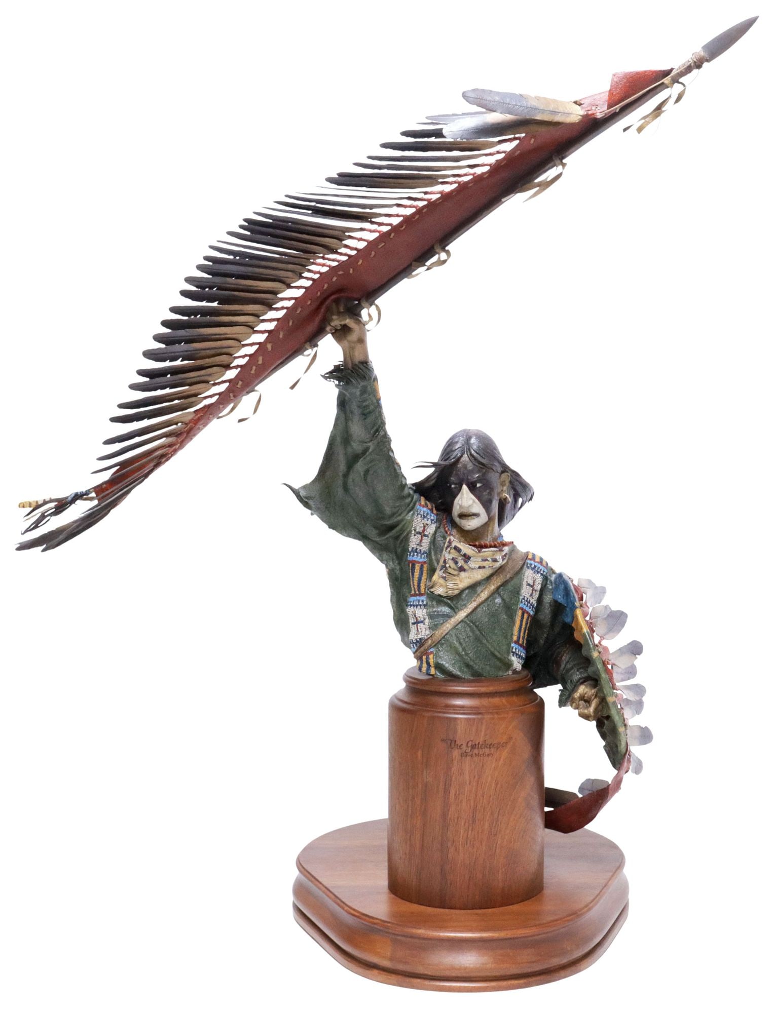 DAVE McGARY (D.2013) AMERICAN INDIAN BRONZE SCULPTURE, 'THE GATEKEEPER': Bronze sculpture, "The Gatekeeper," Dave McGary (New Mexico, Arizona, Wyoming, 1958-2013), mounted on a centered wood column support incised with the title over "Dave McGary", further marked on the un