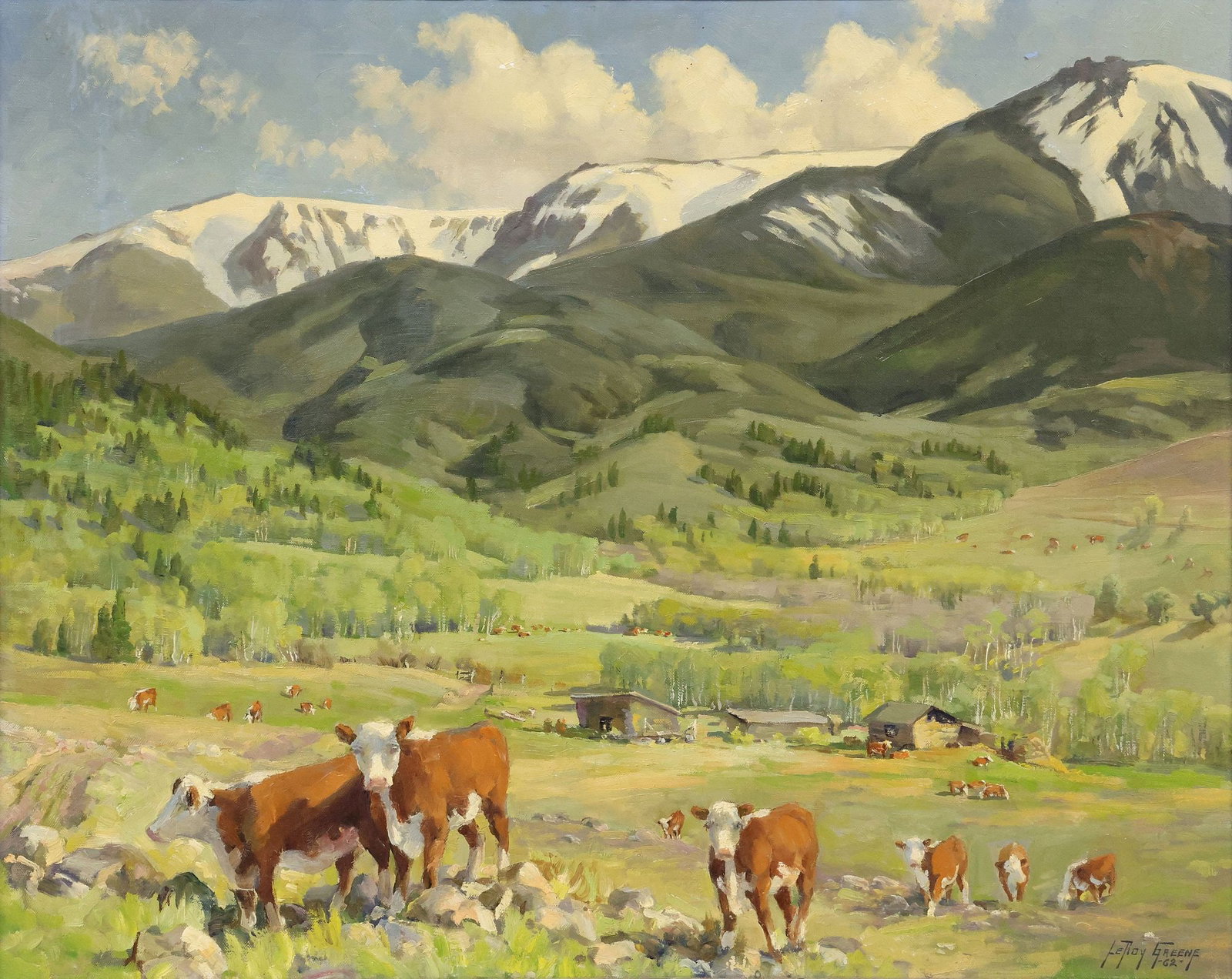 LEROY GREENE (1893-1974) WESTERN CATTLE PAINTING, 'INQUISITIVE,' 24" X 30": Framed oil on canvas painting, "Inquisitive (Between Roscoe and Luther, Mont.)," signed lower right LeRoy Greene (American, 1893-1974), dated [19]62, titled, numbered 1960? and dated 1962 on artist's 