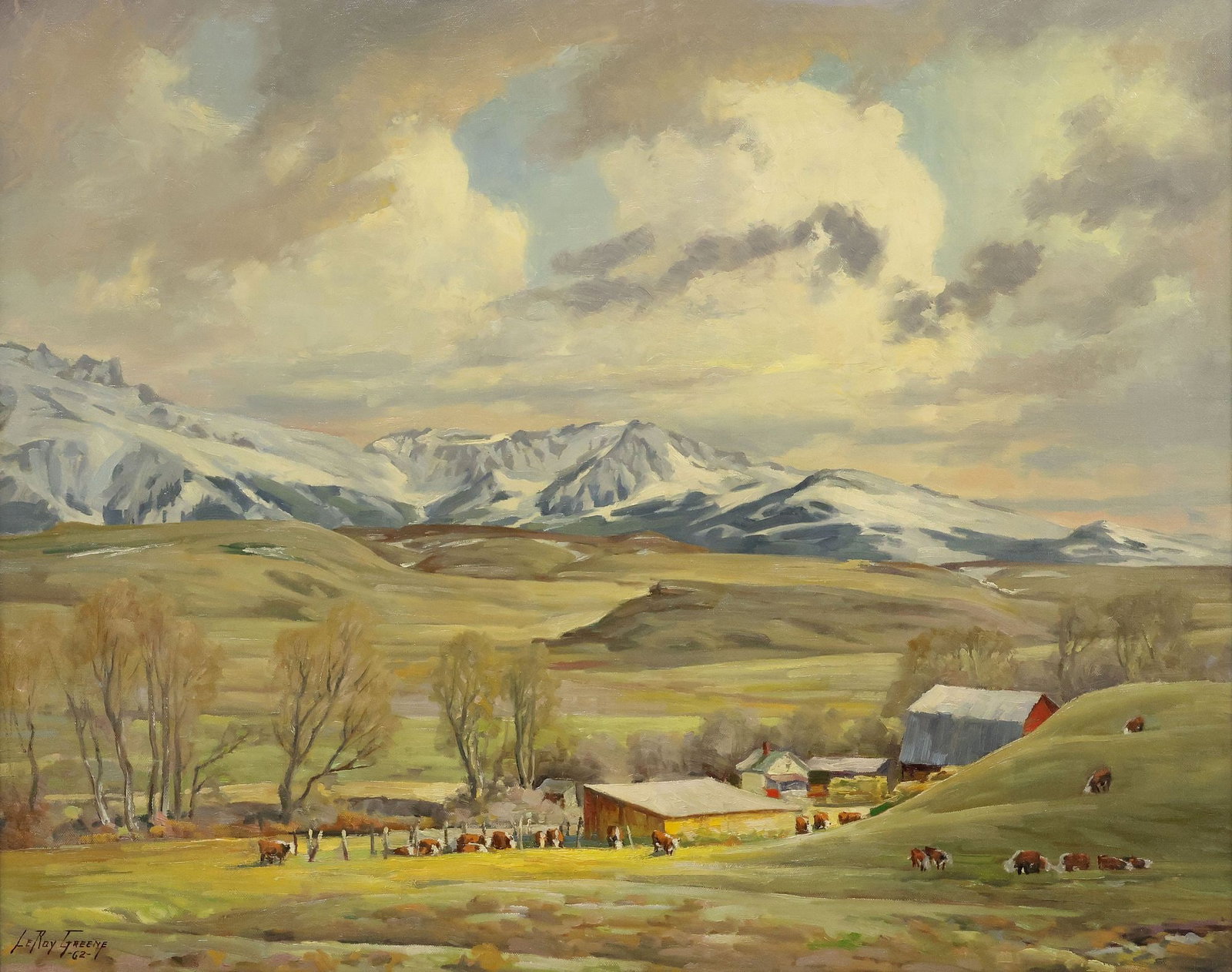 LEROY GREENE (1893-1974) WESTERN OIL PAINTING, 'SECLUDED RANCH,' 24" X 30": Framed oil on canvas painting, "Secluded Ranch (Near Absarokee, Mont.)," signed lower left LeRoy Greene (American, 1893-1974), dated [19]62, titled, numbered 1958 and dated 1962 on artist's label vers