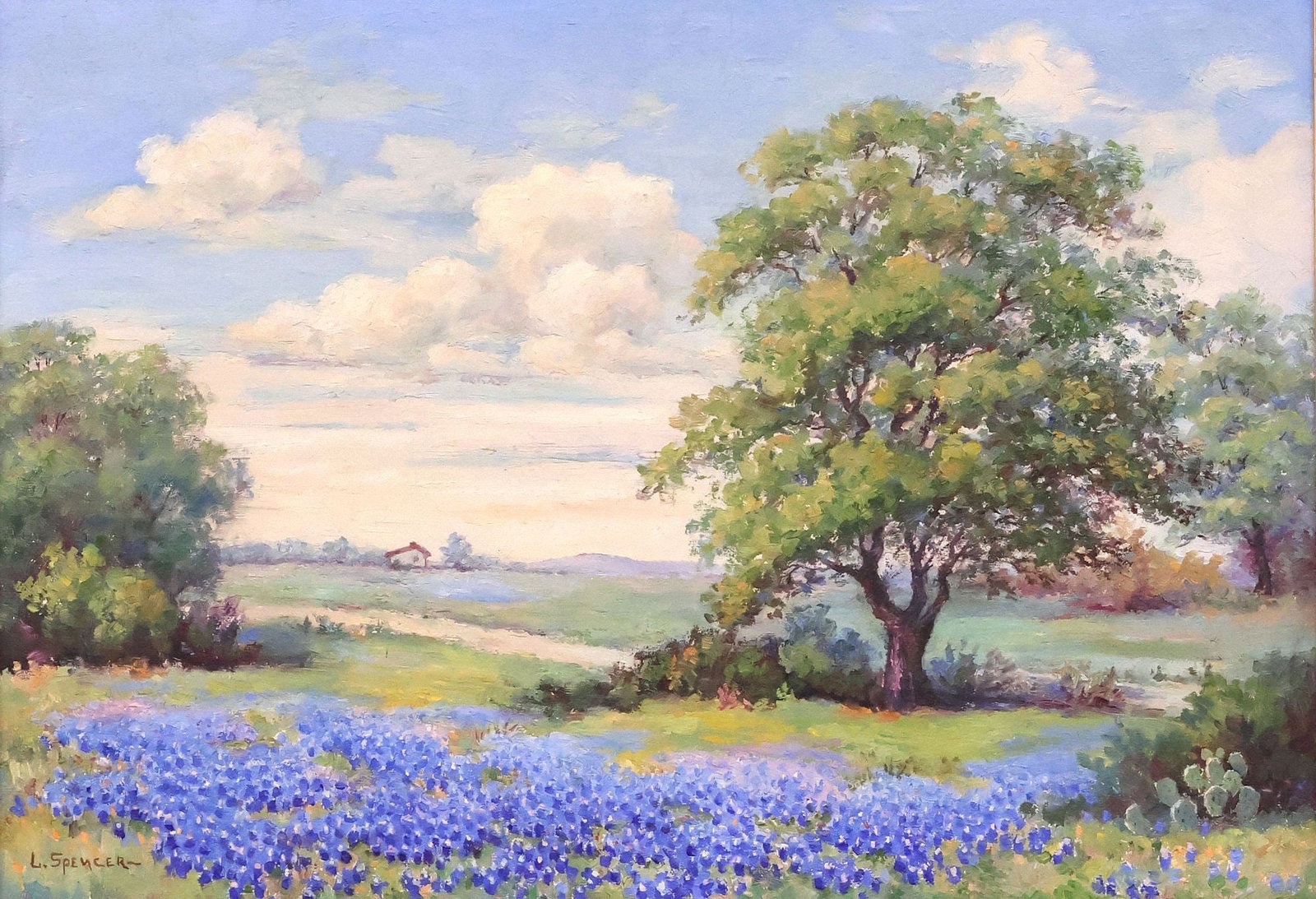 LULA MAY SPENCER (1890-1958) PAINTING, TEXAS BLUEBONNET LANDSCAPE: Framed oil on canvas painting, Texas Bluebonnet Landscape, signed lower left L. Spencer (Lula May Spencer, Arkansas, 1890-1958), sight: approx 13.75"h, 19.75"w, overall: approx 18"h, 23.75"w, 2.75lbs