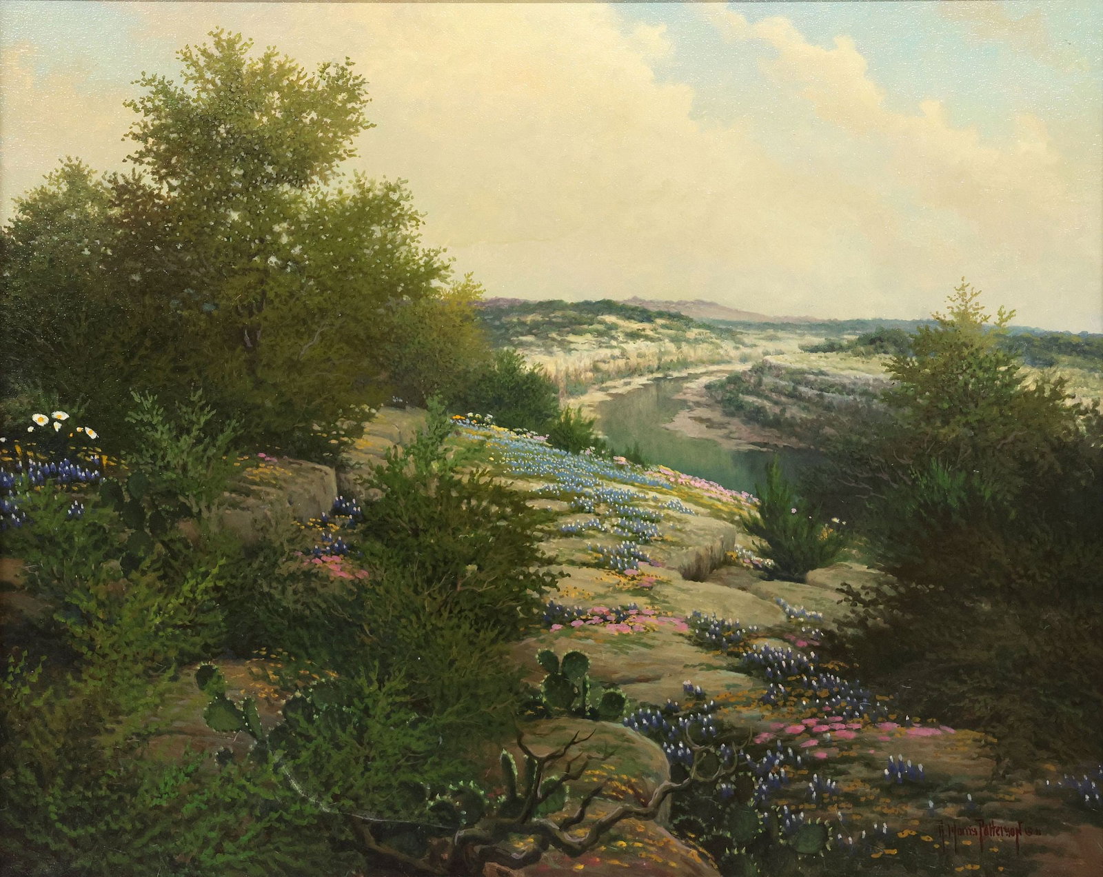 RICK MORRIS PATTERSON (B.1958) PAINTING, TEXAS BLUEBONNETS LANDSCAPE, 24" X 30": Framed oil on canvas painting, Texas Hill Country Landscape with Bluebonnets, signed lower right R. Morris Patterson (Rick Morris Patterson, Texas, b.1958), dated [19]91, inscribed "4AM, Dec 19, '91" 