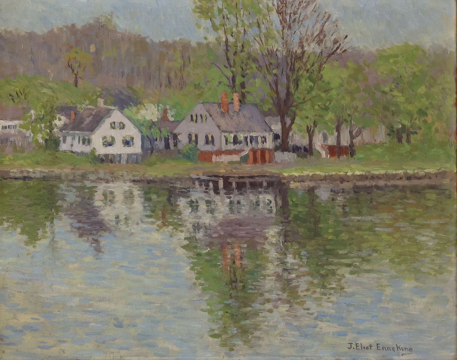 JOSEPH ELIOT ENNEKING (1881-1942) IMPRESSIONIST PAINTING, 'SPRINGTIME IN MYSTIC': Framed oil on canvas board painting, "Springtime in Mystic," signed lower right J. Eliot Enneking (Joseph Eliot Enneking, Massachusetts, 1881-1942), titled with additional artist's signature verso, si