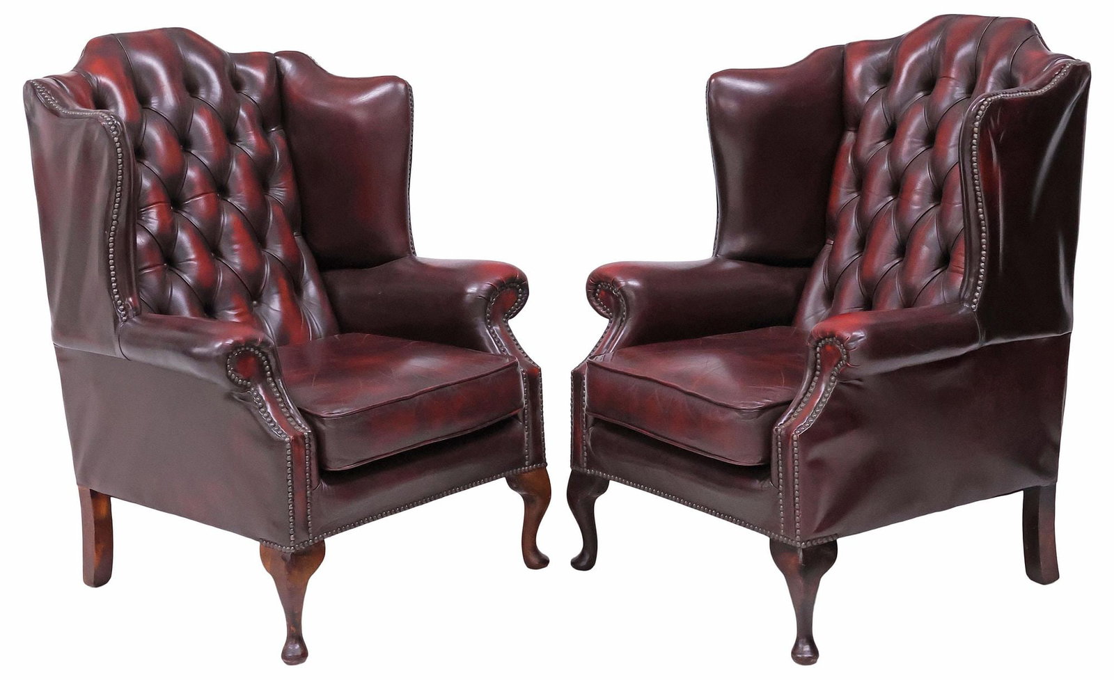 (2) ENGLISH QUEEN ANNE STYLE OX-BLOOD LEATHER WINGBACK CHAIRS (1 of 3)