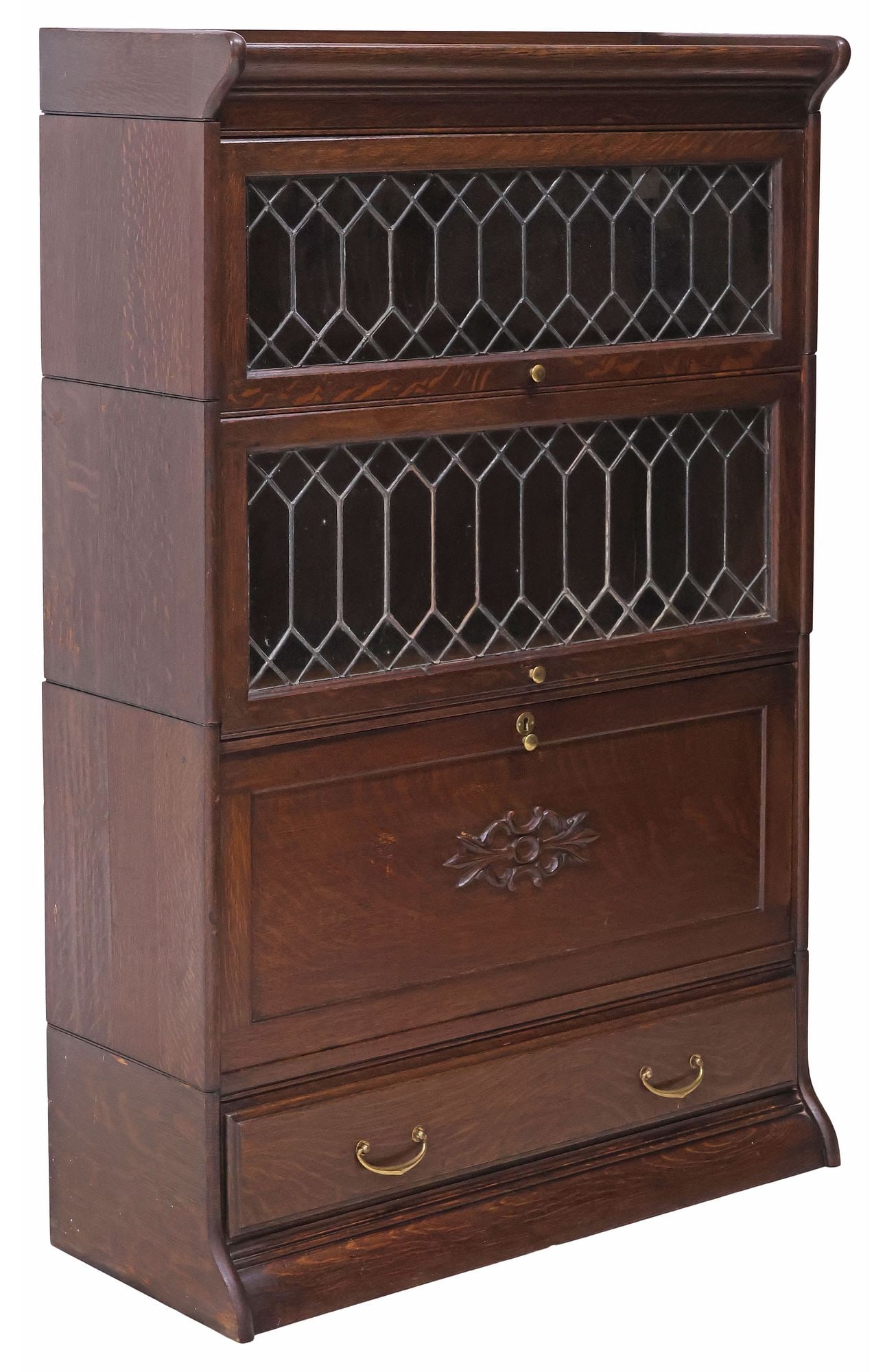 UNUSUAL ENGLISH OAK & LEADED GLASS 4-STACK BARRISTER BOOKCASE (1 of 6)