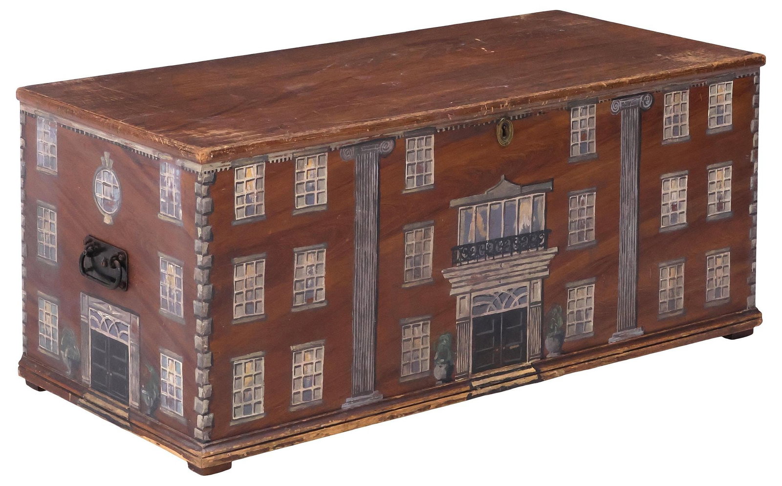 ENGLISH PAINT-DECORATED HOUSE FACADE STORAGE TRUNK / BLANKET BOX, 42.75"L (1 of 5)
