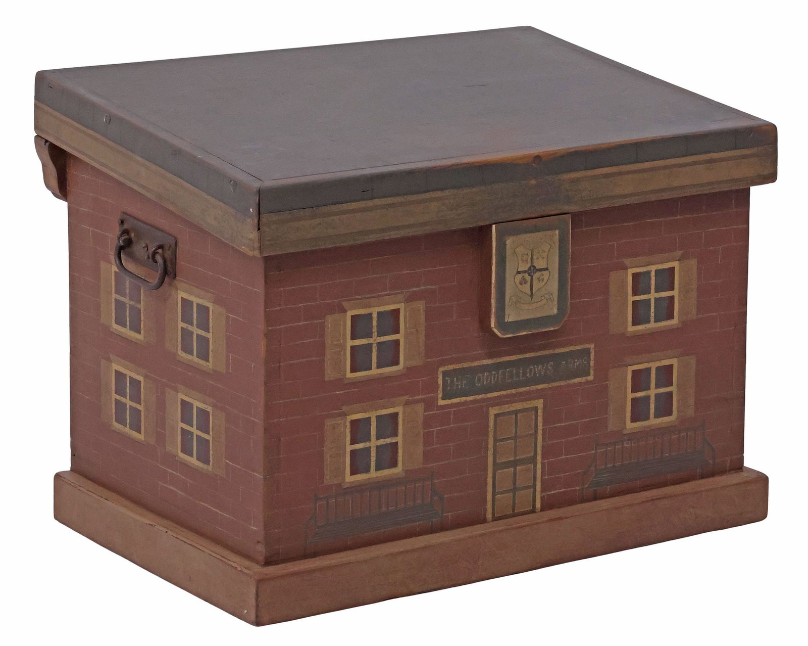 ENGLISH PAINT-DECORATED 'ODDFELLOWS ARMS' HOUSE FACADE SLANT-TOP TRUNK (1 of 5)