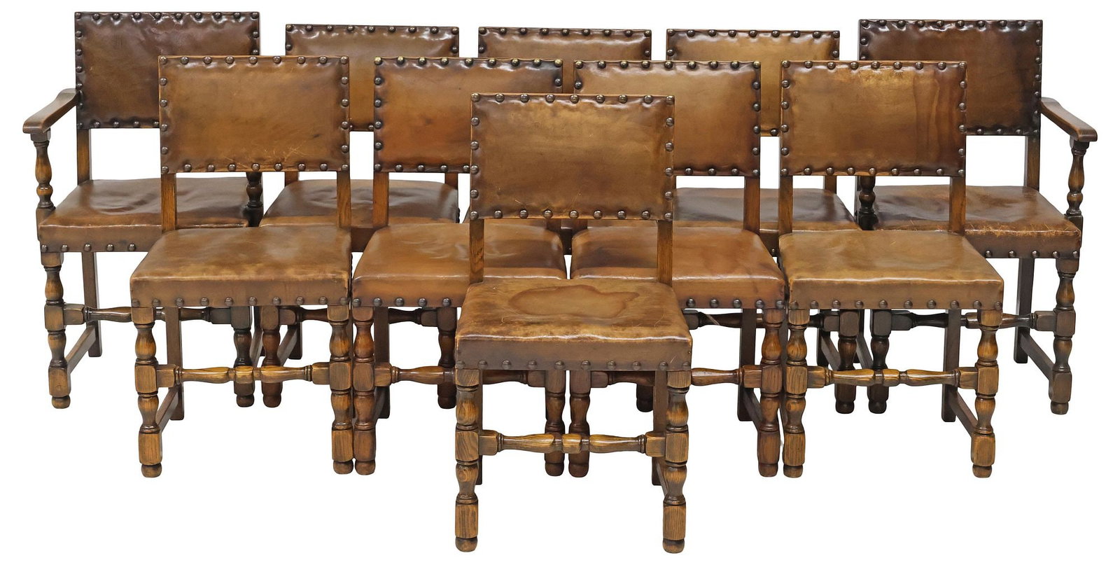 (10) ENGLISH TURNED OAK & LEATHER DINING CHAIRS (1 of 3)