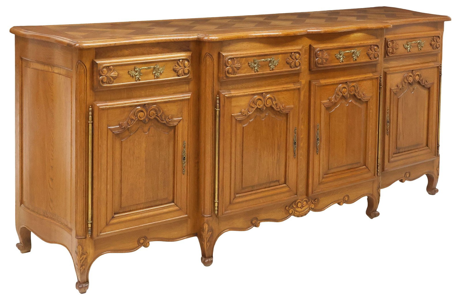 FRENCH LOUIS XV STYLE PARQUET-TOP CARVED OAK BREAKFRONT SIDEBOARD (1 of 6)