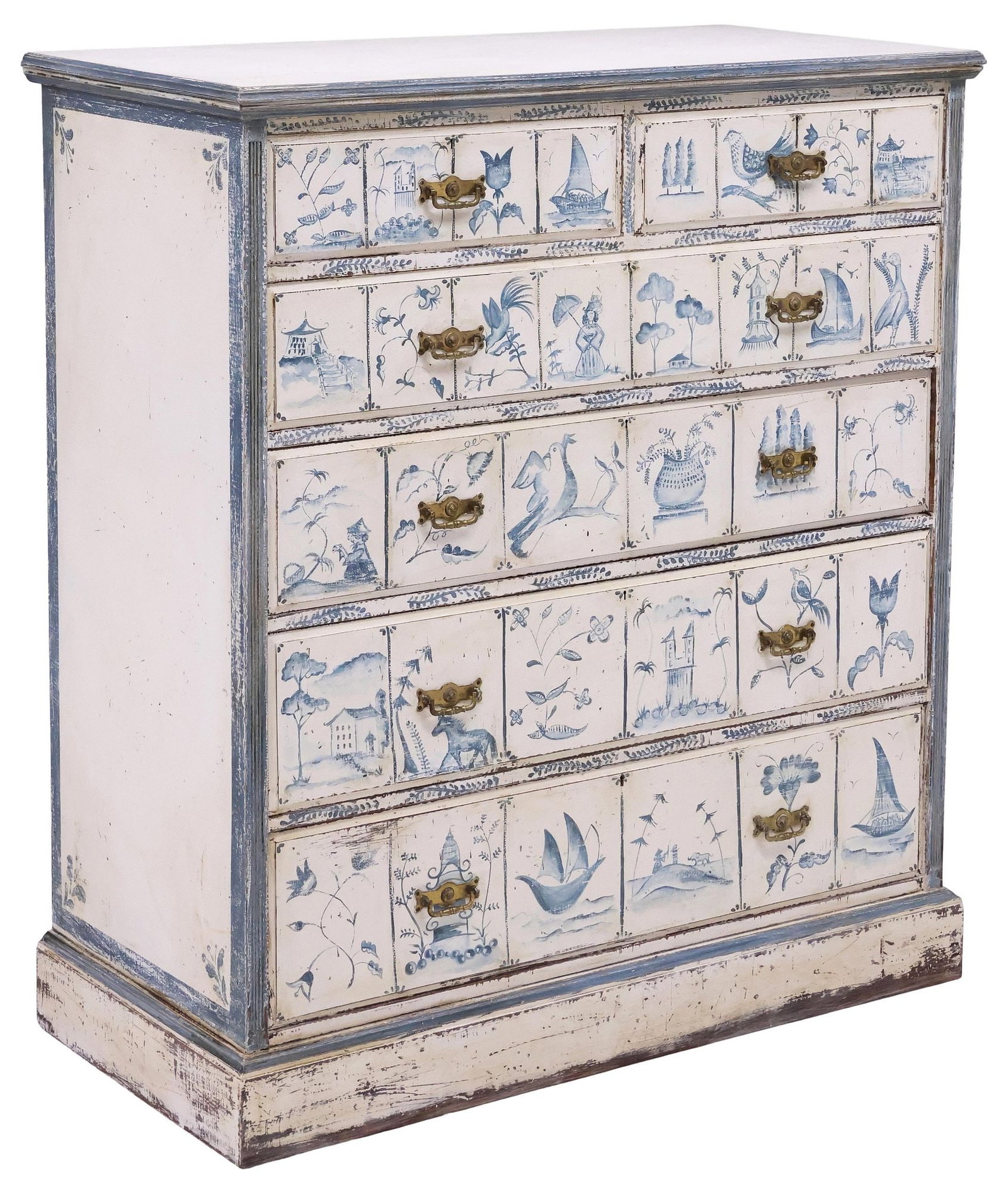 ENGLISH VICTORIAN DELFT-STYLE PAINTED TALL CHEST OF DRAWERS: English Victorian tall chest of drawers, late 19th c., rectangular case fitted with two short over four long drawers, in an intentionally-distressed finish, with later Delft-style blue and white paint