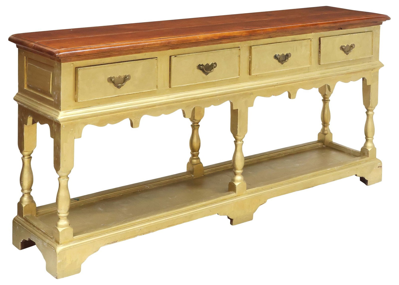 ENGLISH GEORGIAN GILT-PAINTED MAHOGANY KITCHEN DRESSER BASE / CONSOLE: English Georgian kitchen dresser base or console table, early 19th c., in a later gilt-painted finish, having rectangular mahogany top, above four drawers and scalloped apron, rising on turned baluste