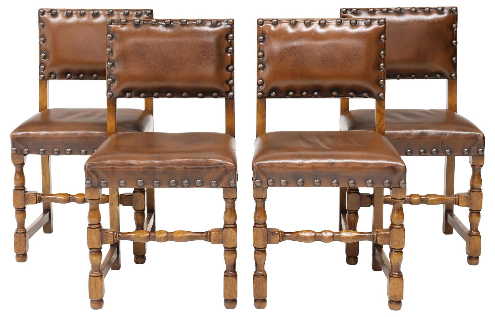 (4) ENGLISH TURNED OAK & LEATHER DINING CHAIRS (1 of 3)
