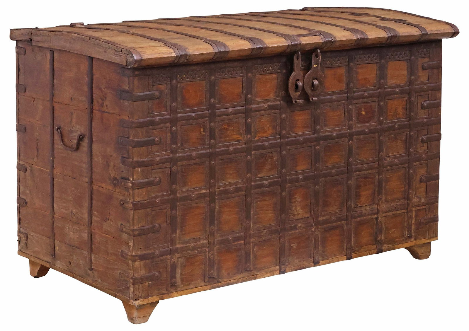 LARGE WOOD & IRON STRAPWORK STORAGE CHEST, INDIA (1 of 5)