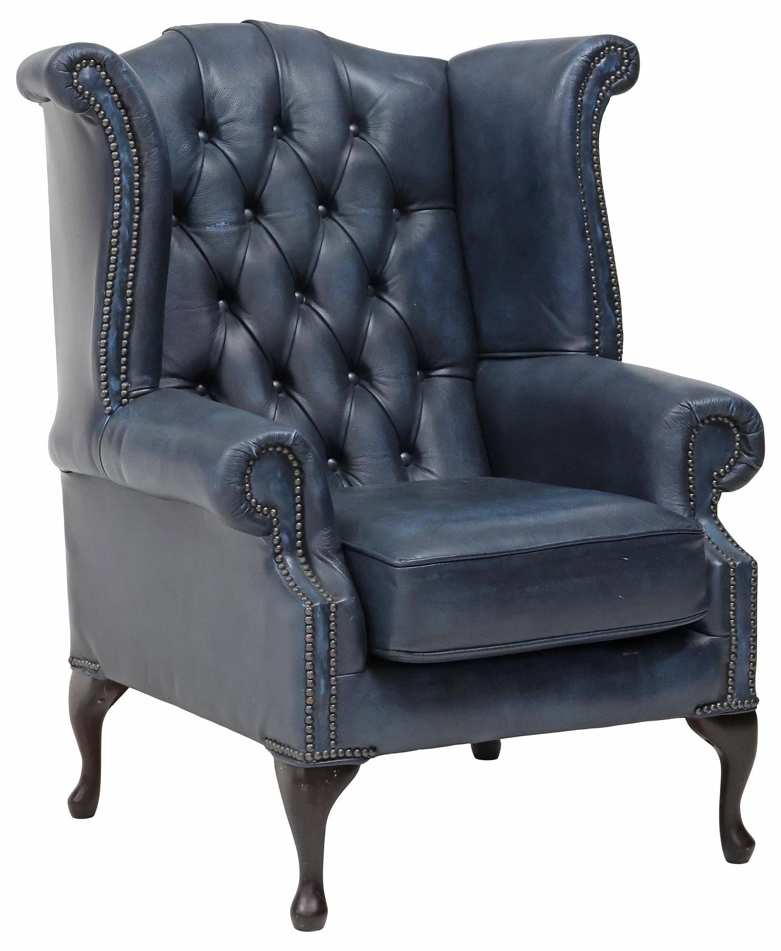 ENGLISH QUEEN ANNE STYLE BUTTONED BLUE LEATHER WINGBACK CHAIR (1 of 3)