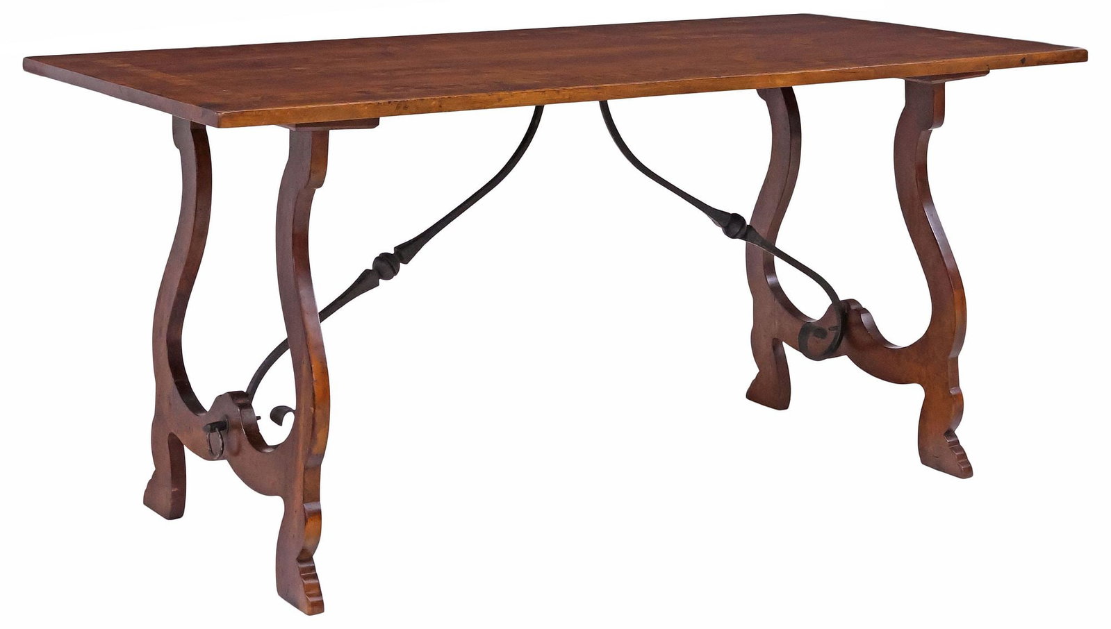 ITALIAN BAROQUE STYLE INLAID WALNUT & WROUGHT IRON DINING TABLE: Italian Baroque style walnut dining table, early 20th c., rectangular top with figured parquetry inlay and banded trim, raised on ox yoke trestle supports, joined by wrought iron cross-stretcher, appr