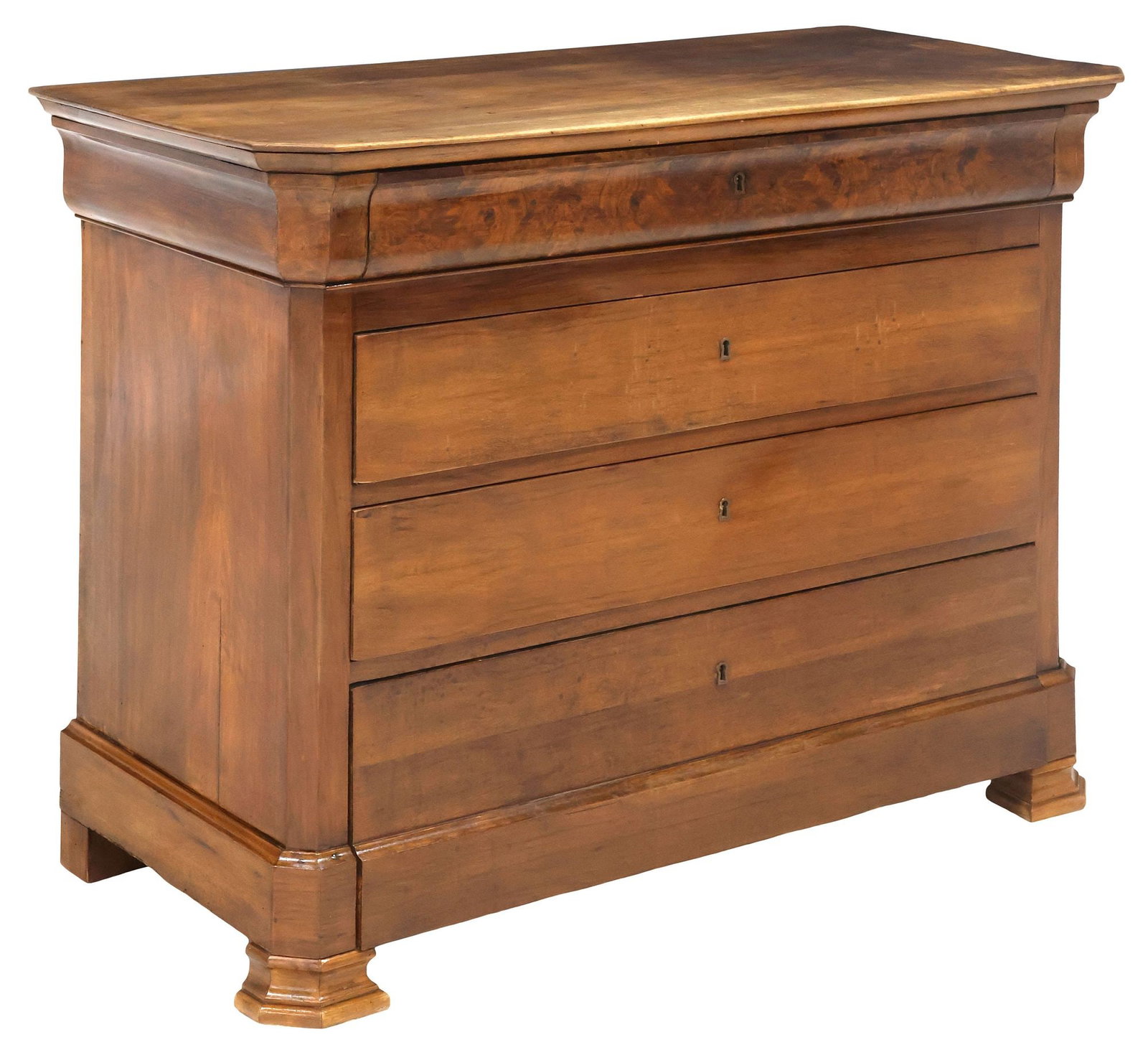 FRENCH LOUIS PHILIPPE PERIOD FOUR-DRAWER WALNUT COMMODE: French Louis Philippe period walnut commode, mid 19th c., having canted top, single figured ogee frieze drawer, over three long drawers, rising on bracket feet, approx 37.75"h, 49.75"w, 22.75"d