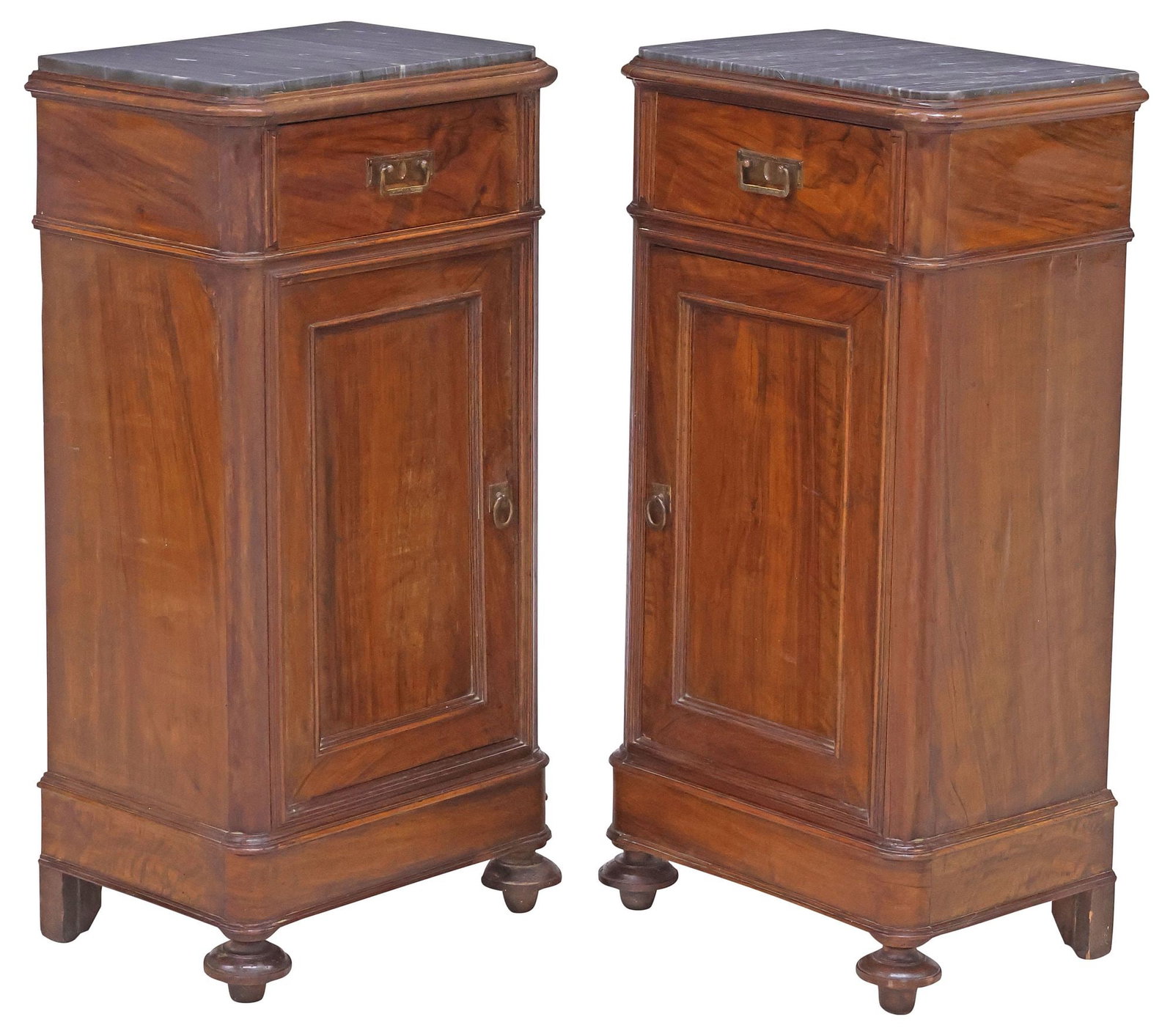 (2) ITALIAN MARBLE-TOP WALNUT NIGHTSTANDS, 19TH C.: (pair) Italian walnut bedside cabinets, 19th c., having inset marble top, over single drawer, and paneled cabinet door, enclosing fixed-height shelf, on bun feet, approx 36"h, 18.5"w, 13"d