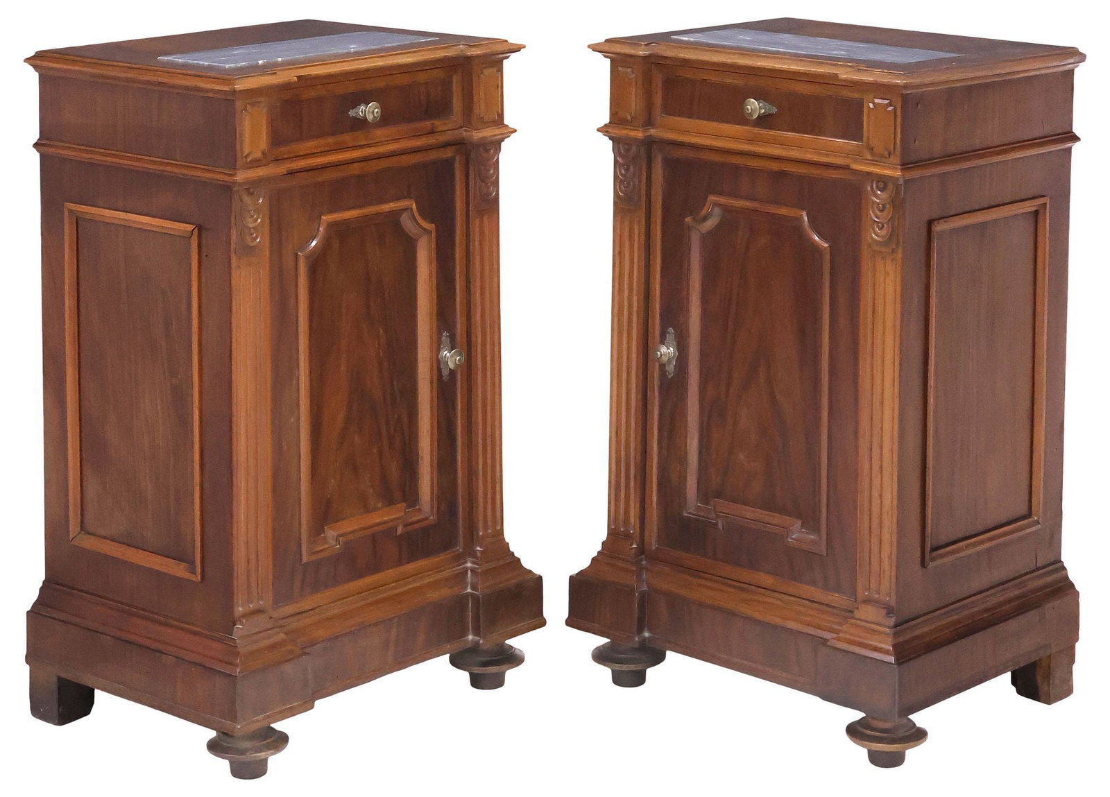 (2) ITALIAN MARBLE-TOP MAHOGANY BEDSIDE CABINETS / NIGHTSTANDS: (pair) Italian carved mahogany bedside cabinets, late 19th c., each having inset marble top, over single drawer and paneled cabinet door, revealing fixed-height shelving, flanked by fluted pilasters, 
