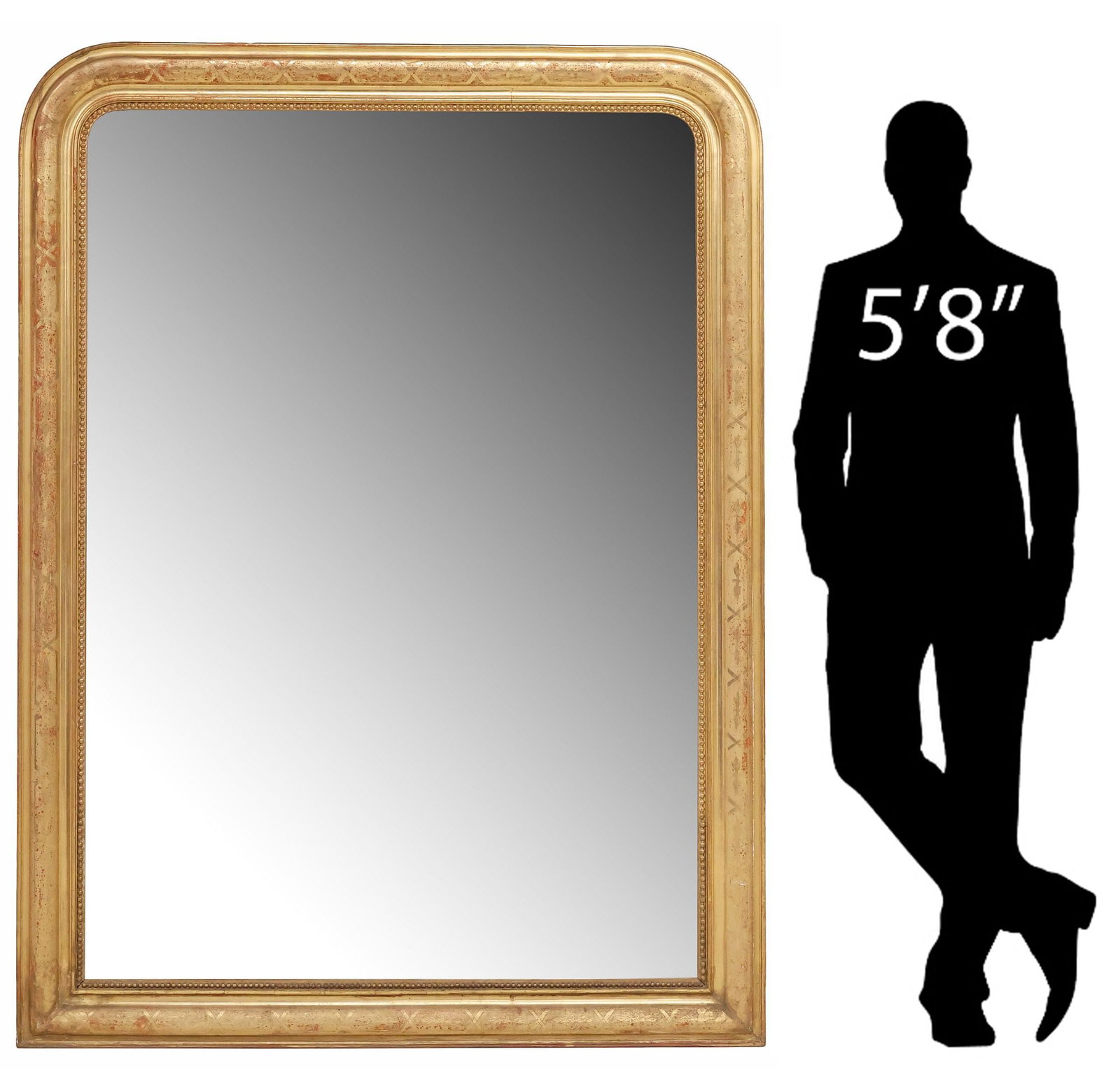 LARGE FRENCH LOUIS PHILIPPE PERIOD GILTWOOD WALL MIRROR, 63.75"H: French Louis Philippe period giltwood wall mirror, mid 19th c., having arched frame with beaded trim, incised foliates, encasing flat mirror plate, approx 63.75"h, 48"w, 92lbs