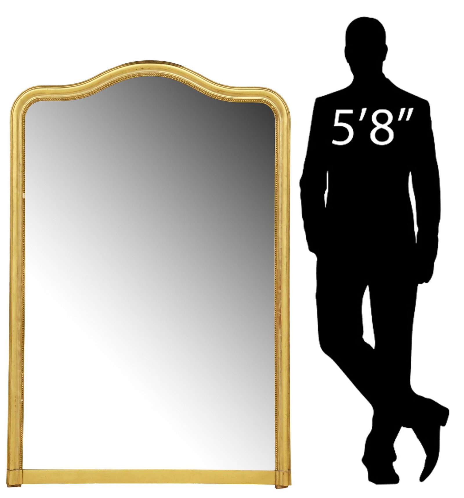 FRENCH LOUIS PHILIPPE PERIOD INCISED GILTWOOD WALL MIRROR, 54.25"H: French Louis Philippe giltwood wall mirror, mid 19th c., having arched frame with beaded trim, encasing beveled mirror plate, reverse stamped A.L., Paris, approx 59"h, 39.5"w, 51lbs