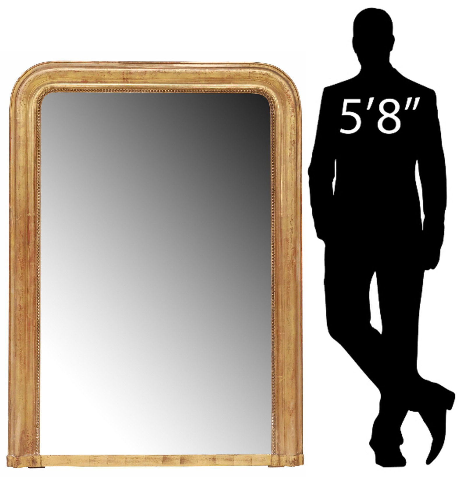 FRENCH LOUIS PHILIPPE PERIOD INCISED GILTWOOD MIRROR, 55.5"H: French Louis Philippe giltwood wall mirror, mid 19th c., having arched frame with incised scrolling foliates and beaded trim, encasing flat mirror plate, approx 55.5"h, 40"w, 58lbs