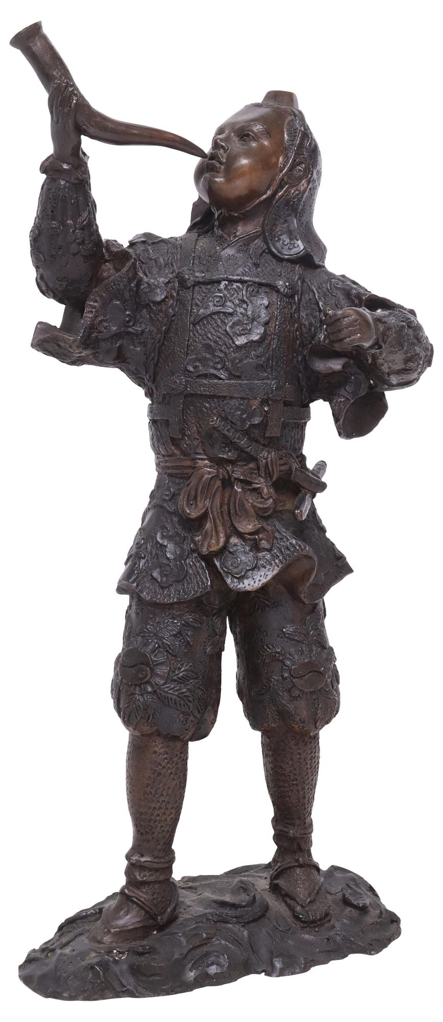 PATINATED BRONZE FIGURAL SCULPTURE, JAPANESE WARRIOR WITH HORN (1 of 5)