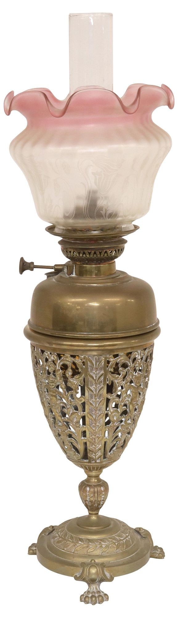 ENGLISH VICTORIAN PIERCED BRASS & GLASS HURRICANE OIL LAMP (1 of 6)