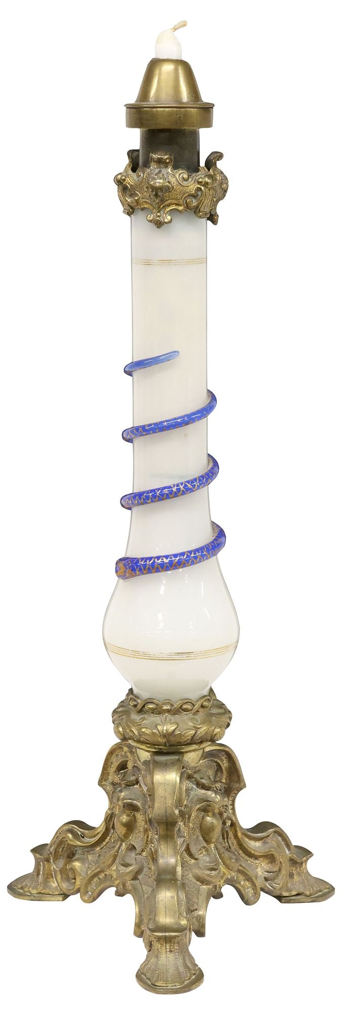 ENGLISH VICTORIAN GILT-METAL & OPALINE GLASS SNAKE MOTIF CANDLESTICK (1 of 5)