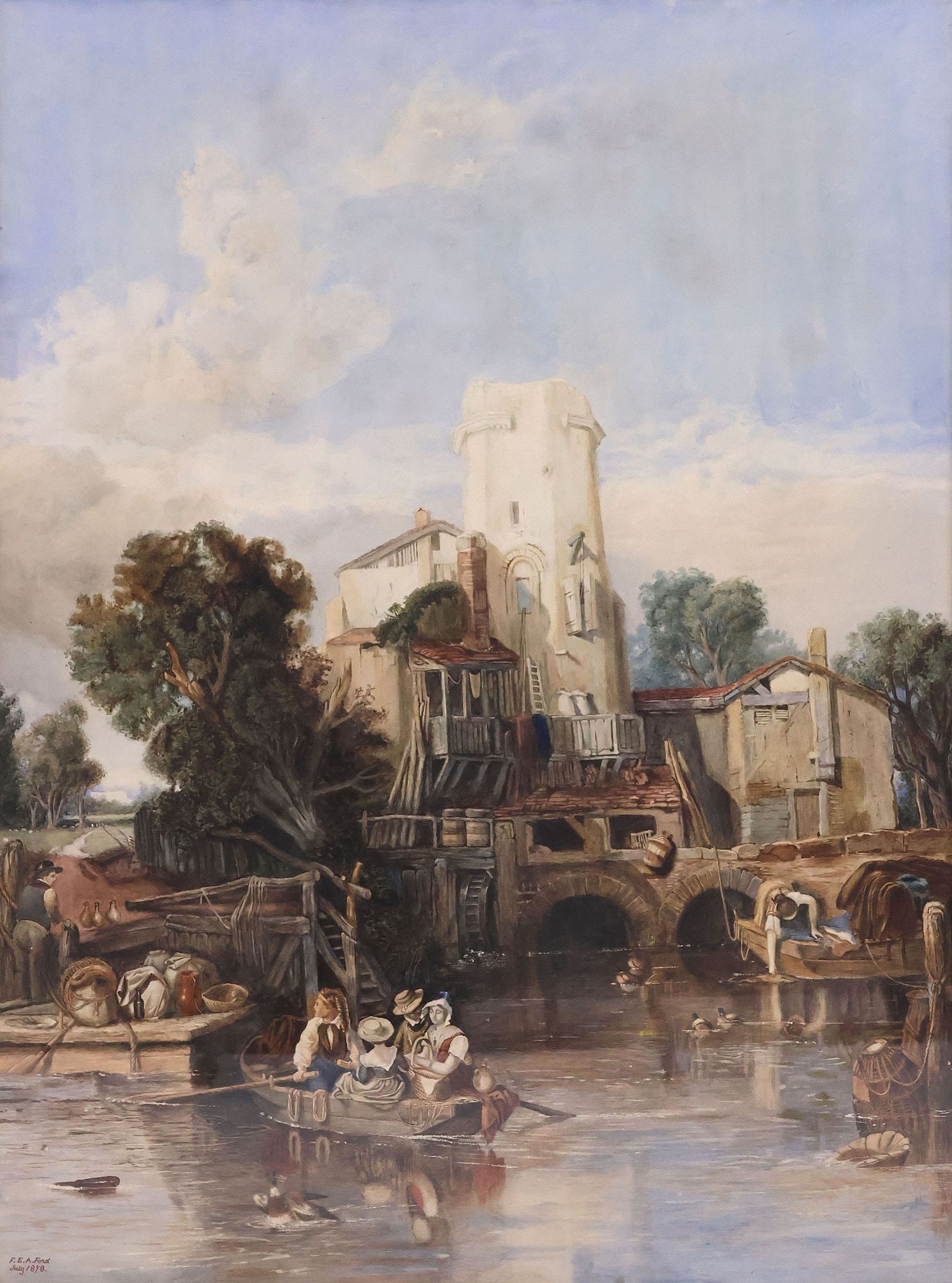 F.E.A. FORD (ENGLISH, 19TH C.) WATERCOLOR PAINTING, RHINE HARBOR LANDSCAPE (1 of 4)