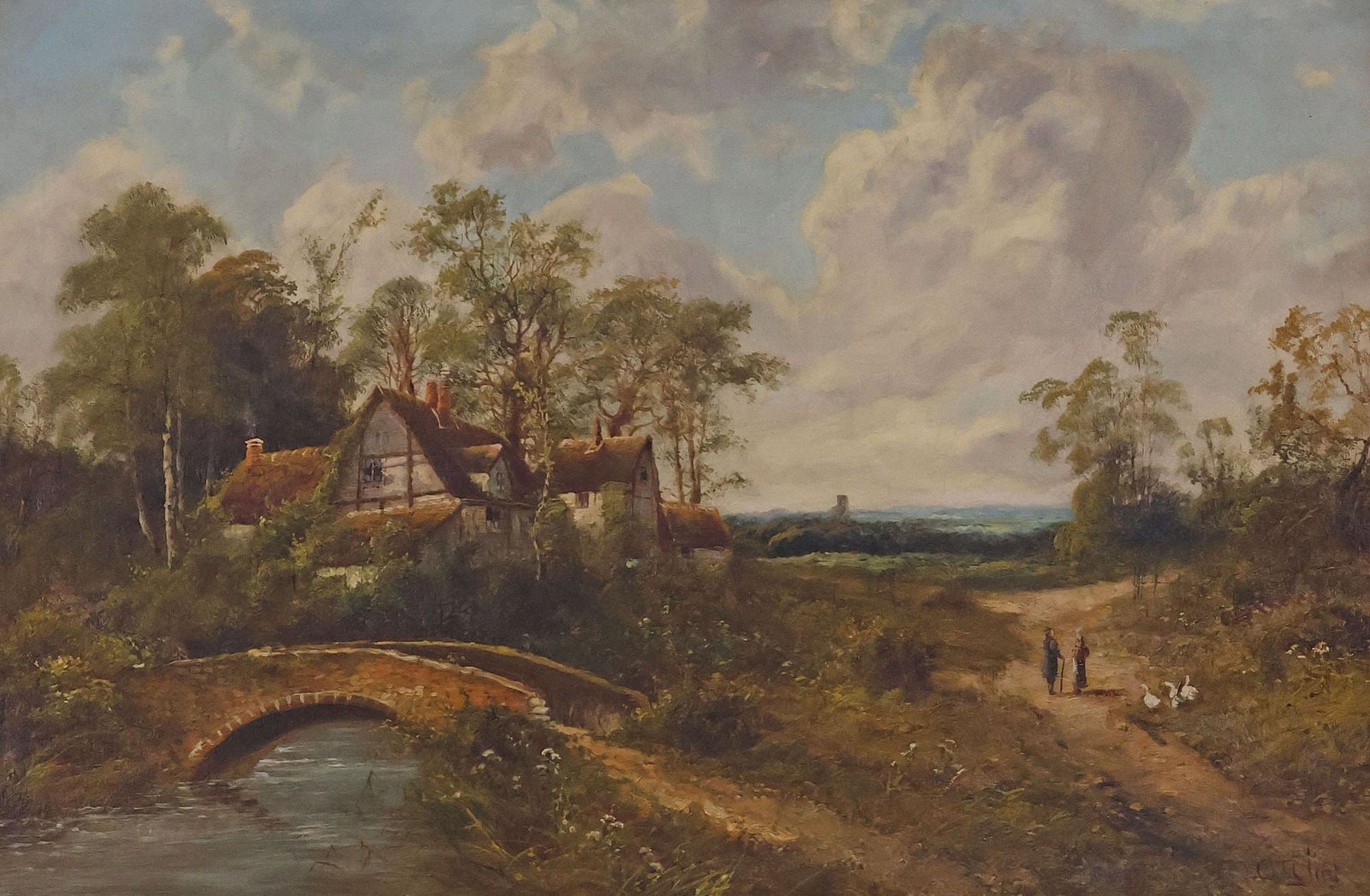 OCTAVIUS T. CLARK (ENGLISH, 1850-1921) PAINTING, COUNTRY COTTAGE LANDSCAPE (1 of 5)