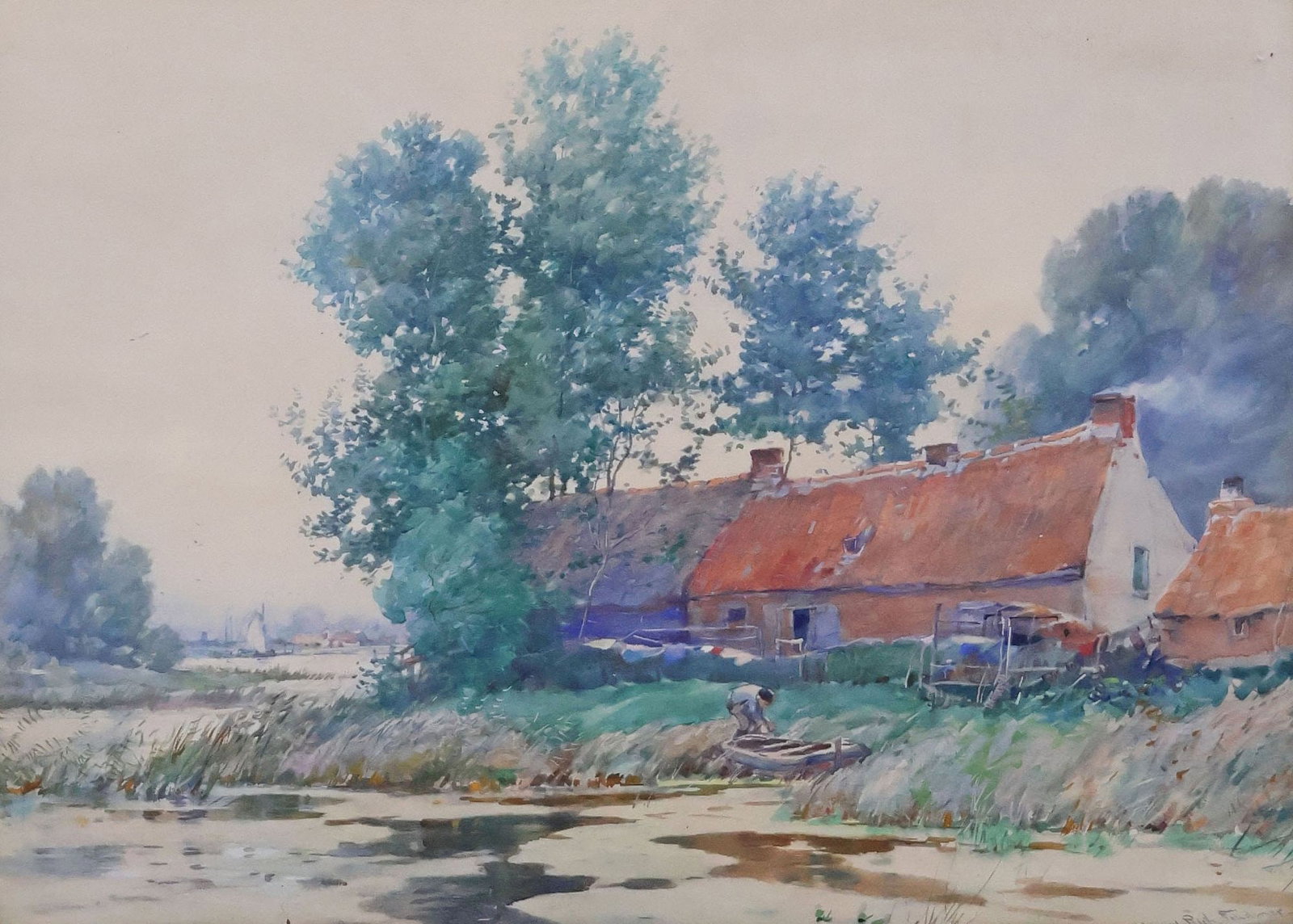 RICHARD FEHDMER (GERMAN, D.1945) WATERCOLOR, COTTAGE LANDSCAPE: Framed watercolor on paper painting, Coastal Cottage Landscape, signed lower right Henry Rich. Fehdmer Amero (Richard Heinrich Fehdmer, German, 1860-1945), sight: approx 12.75"h, 17.75"w, overall: app