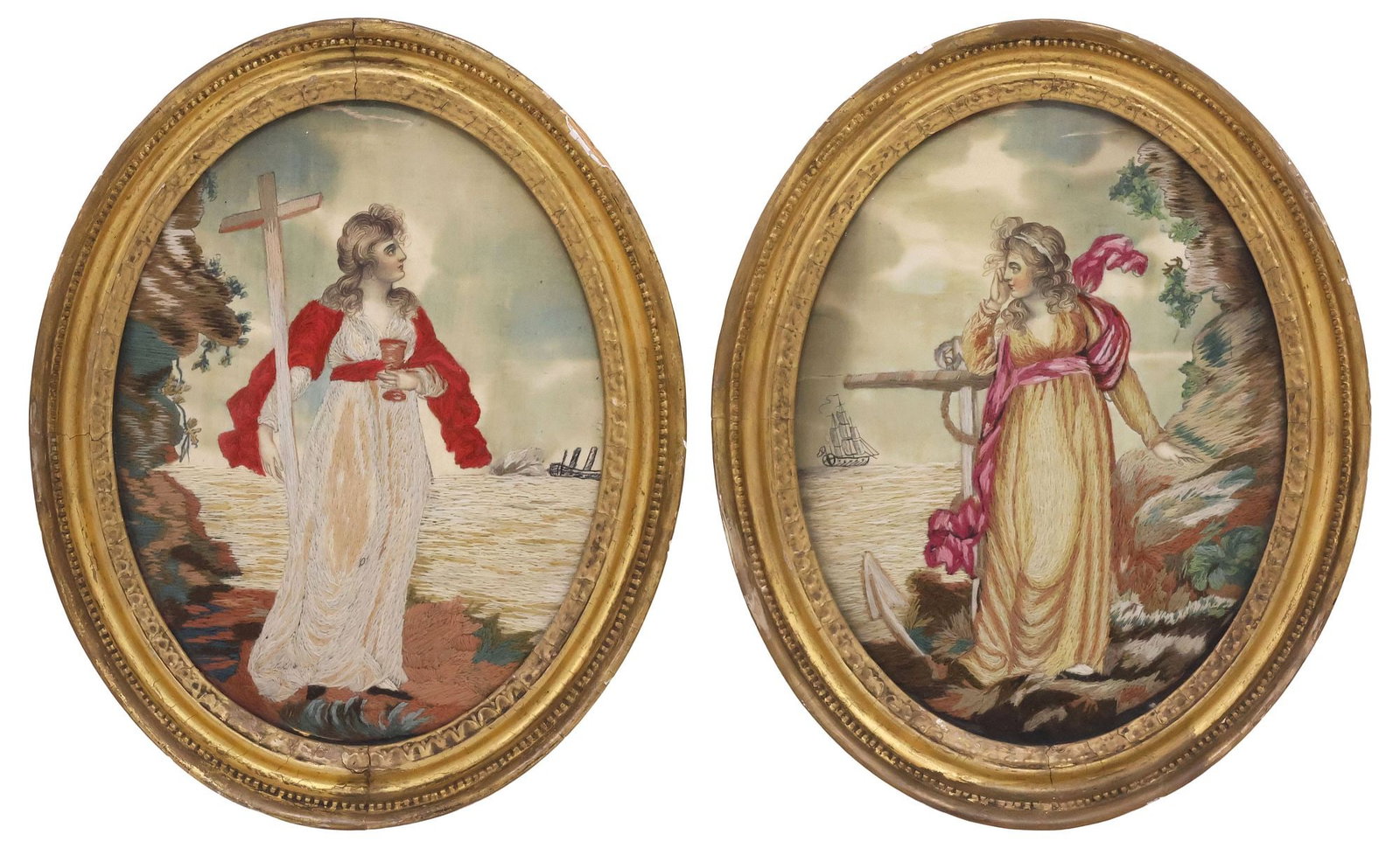 (2) ENGLISH GEORGIAN RELIGIOUS WOOLWORK EMBROIDERY PICTURES ON SILK, FEMALE SAINTS (1 of 4)