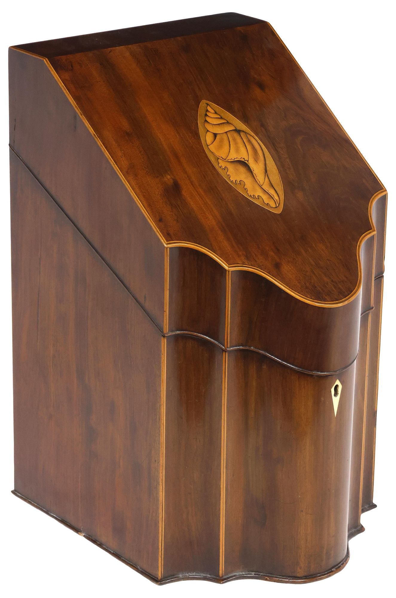 ENGLISH GEORGIAN PERIOD MAHOGANY KNIFE BOX FORM STORAGE BOX: English Georgian period mahogany storage box, early 19th c., the case with contrasting stringwork, further decorated with marquetry and parquetry inlays of conch, paterae and compass star motifs, bone